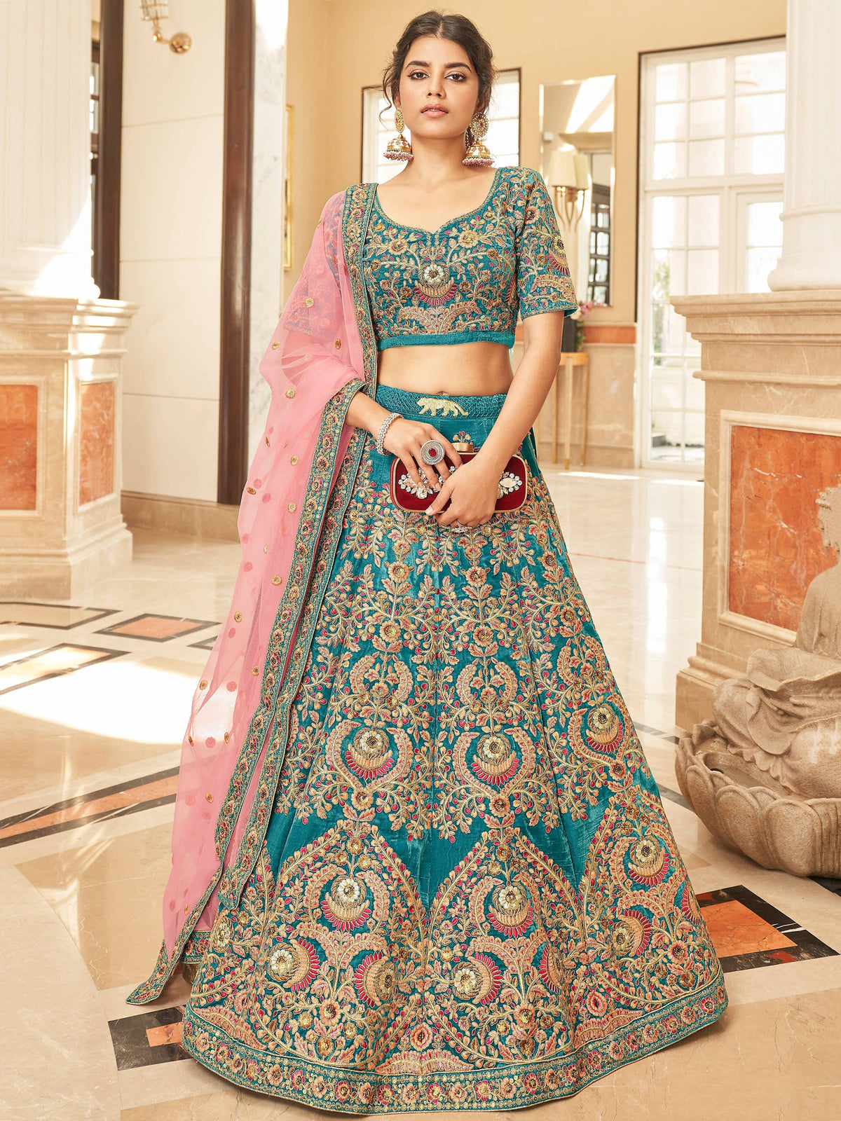 Teal Blue Heavy Embroidered Velvet Bridesmaid Lehenga Choli for Women