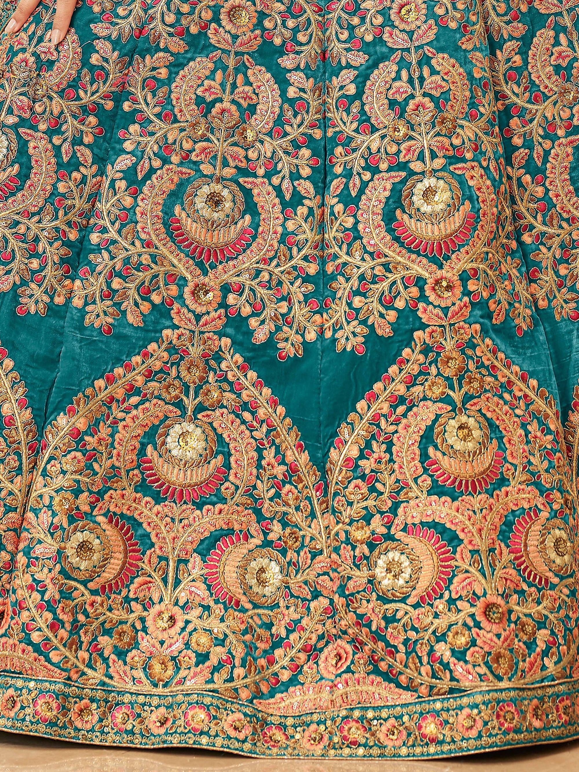 Teal Blue Heavy Embroidered Velvet Bridesmaid Lehenga Choli for Women