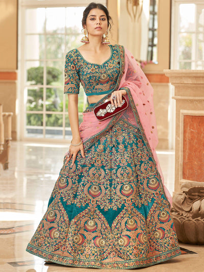 Teal Blue Heavy Embroidered Velvet Bridesmaid Lehenga Choli for Women