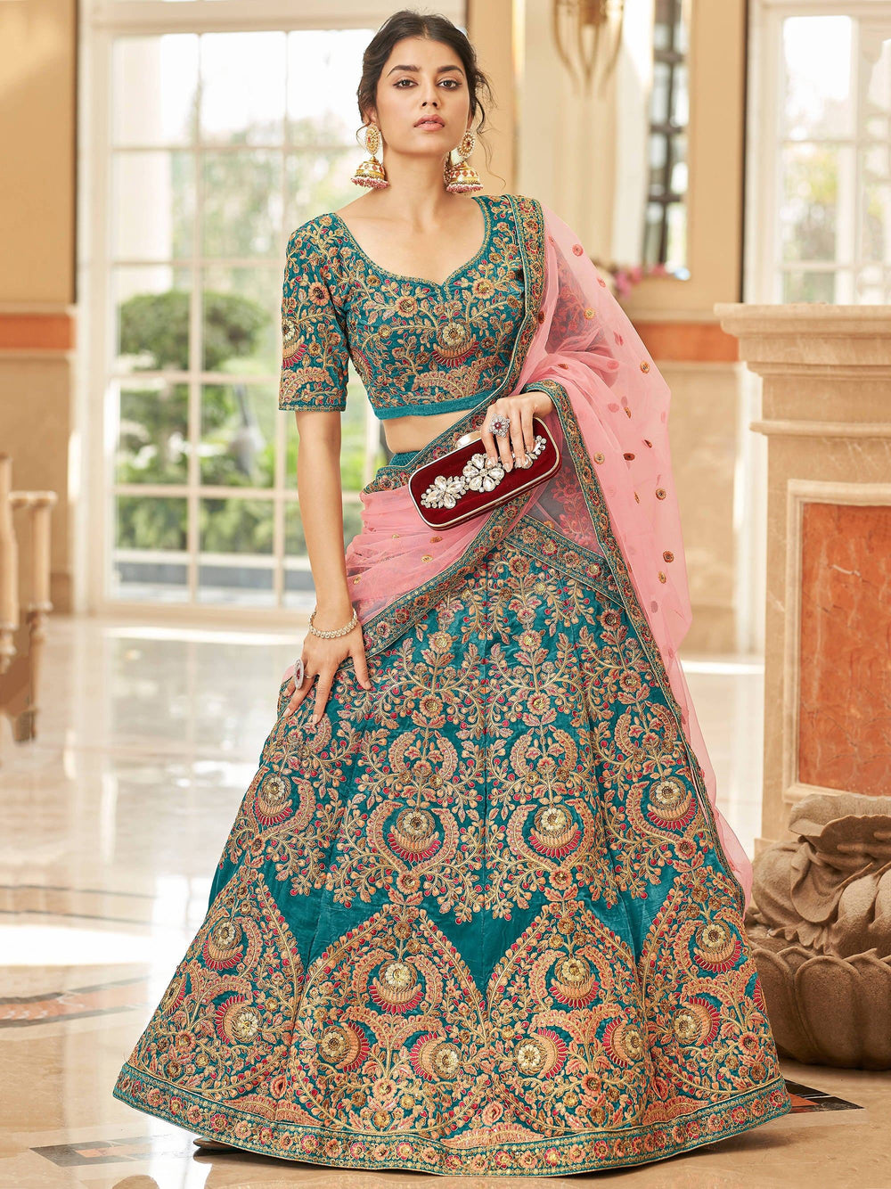 Teal Blue Heavy Embroidered Velvet Bridesmaid Lehenga Choli for Women