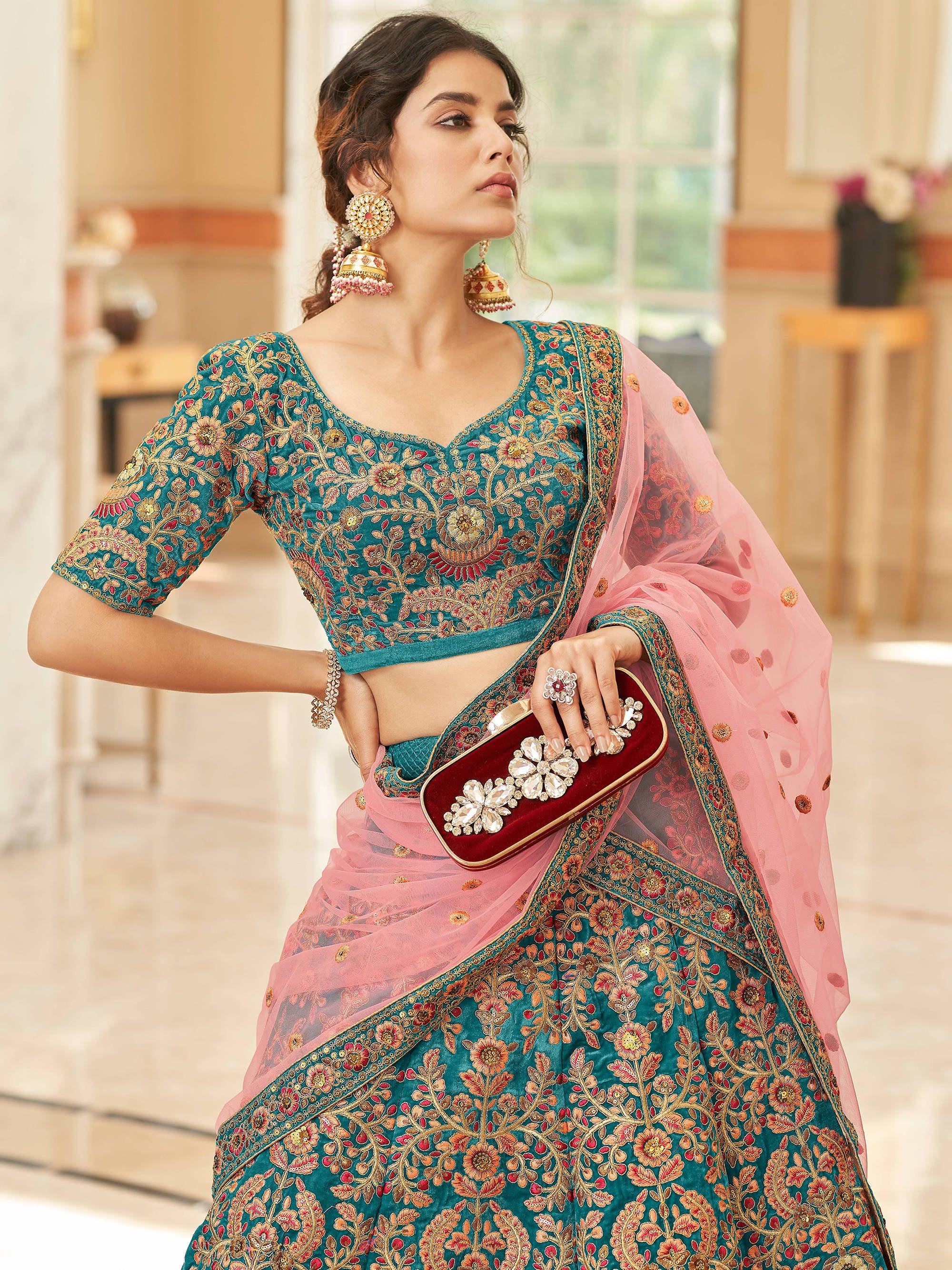 Teal Blue Heavy Embroidered Velvet Bridesmaid Lehenga Choli for Women