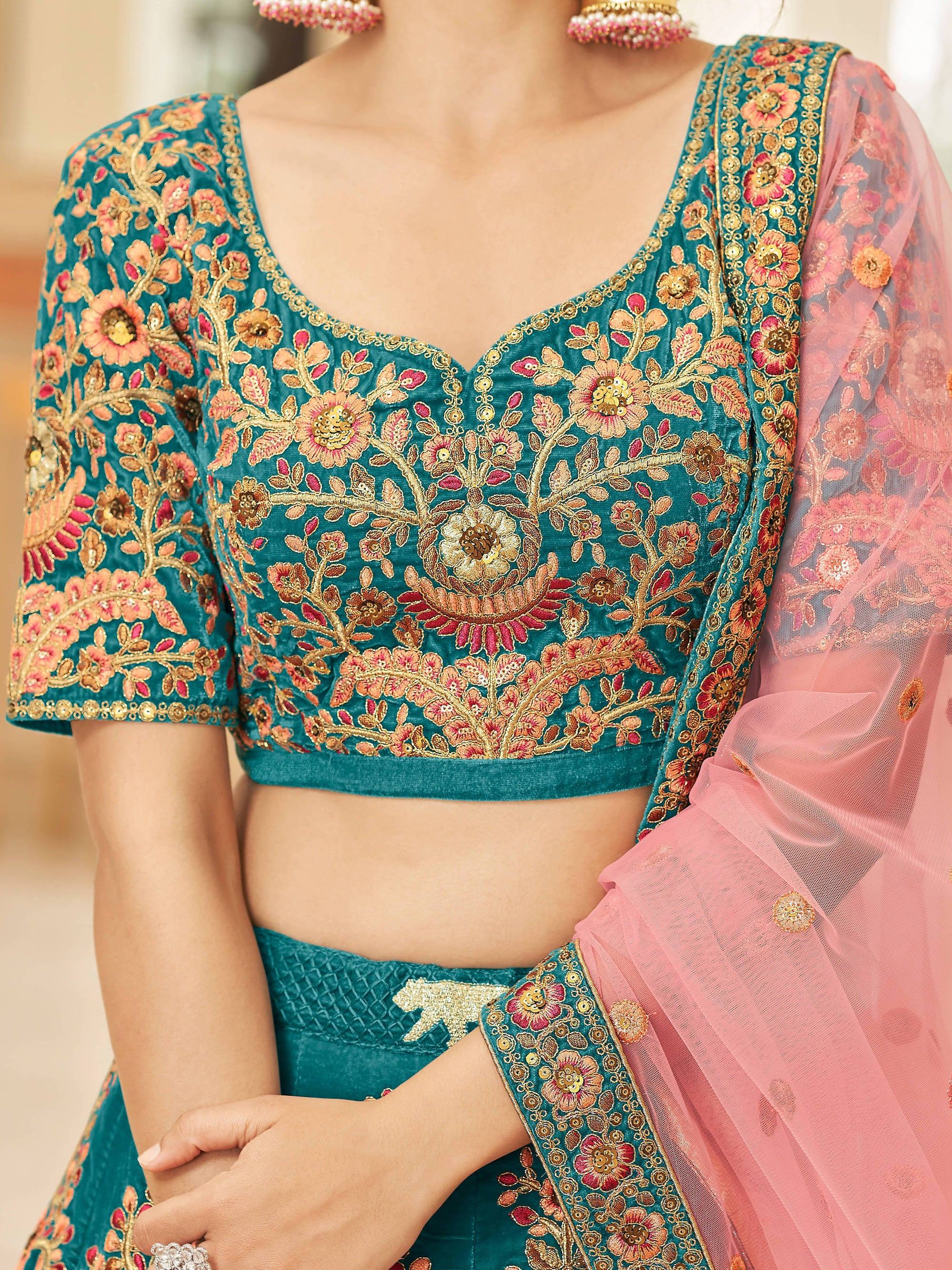Teal Blue Heavy Embroidered Velvet Bridesmaid Lehenga Choli for Women