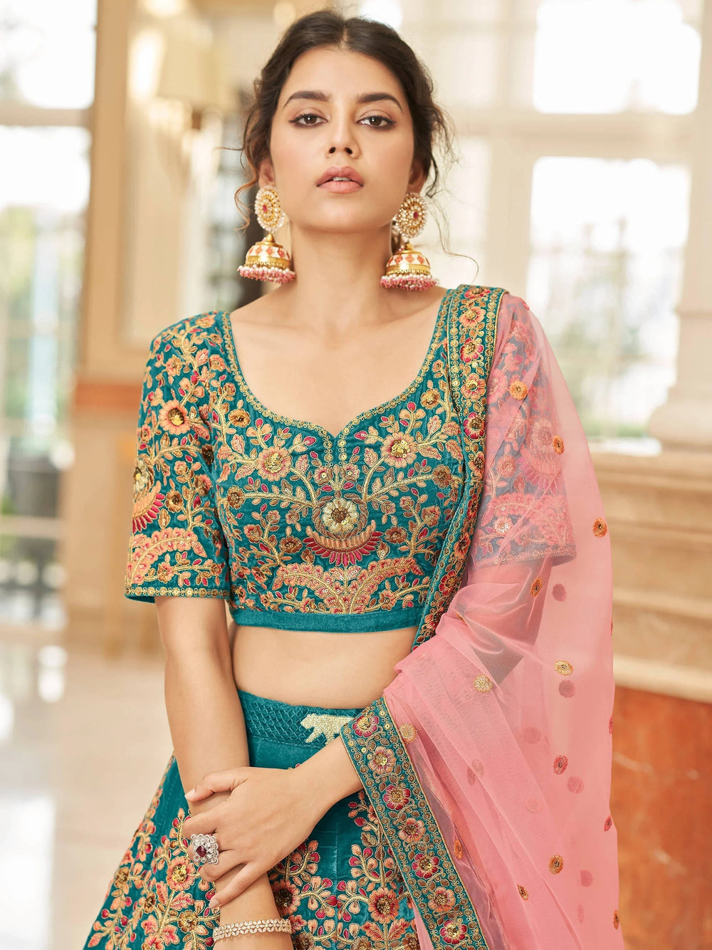Teal Blue Heavy Embroidered Velvet Bridesmaid Lehenga Choli for Women