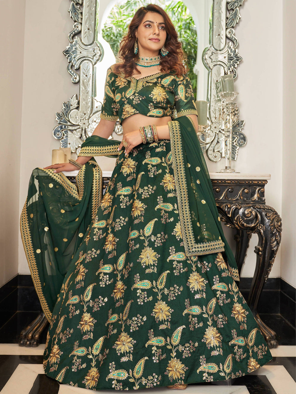 Art silk wedding lehenga choli with thread embroidery zari and sequins work for bridal occasions