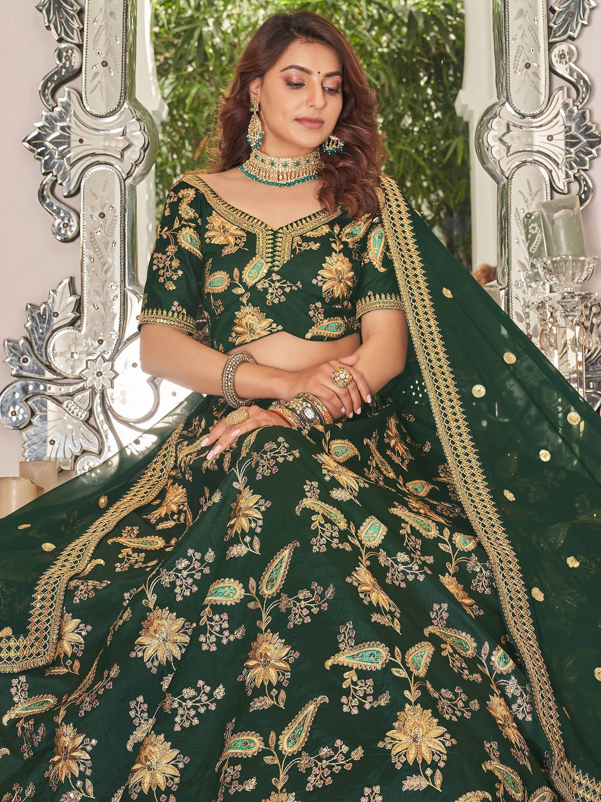 Art silk wedding lehenga choli with thread embroidery zari and sequins work for bridal occasions