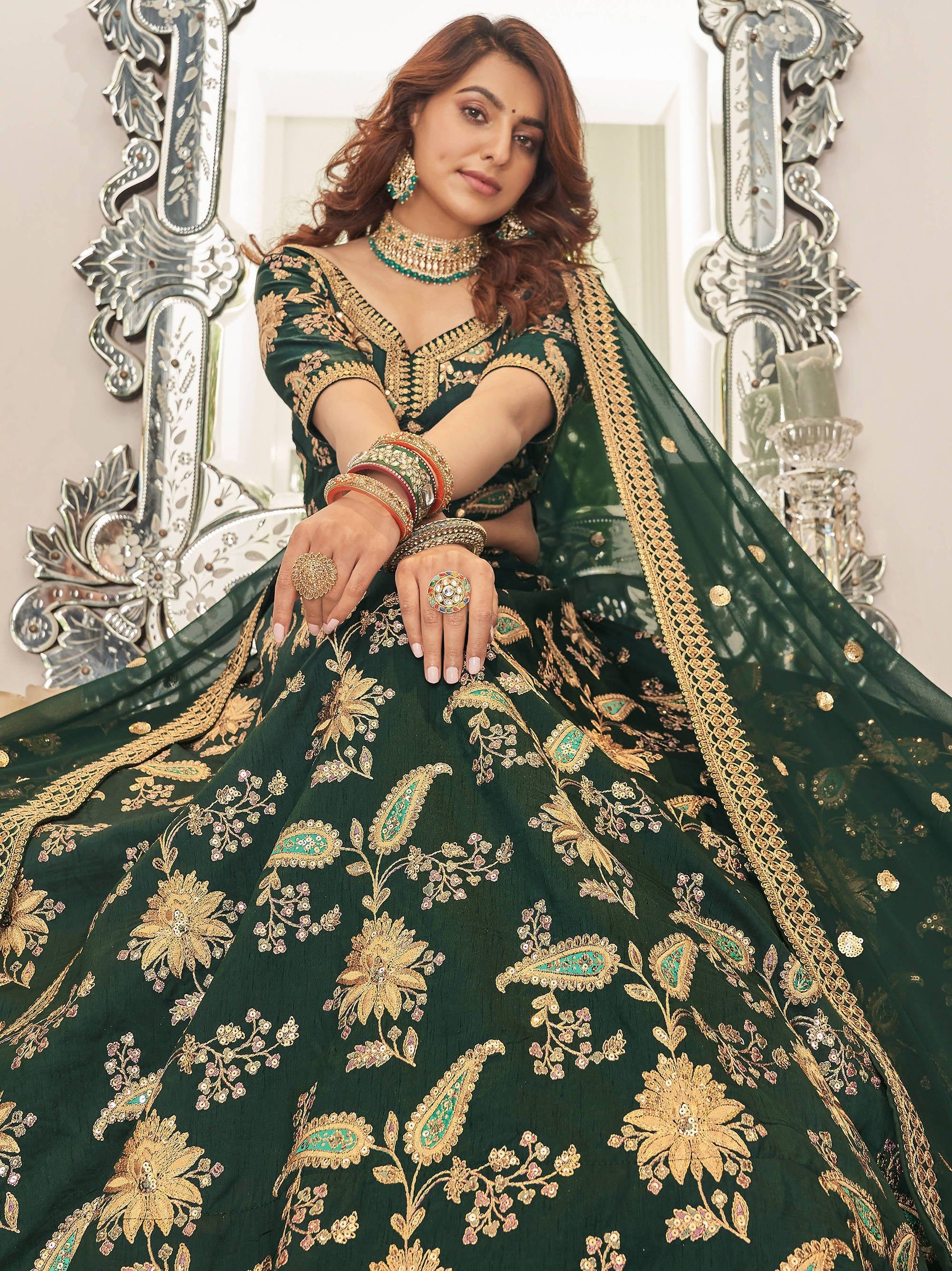 Art silk wedding lehenga choli with thread embroidery zari and sequins work for bridal occasions