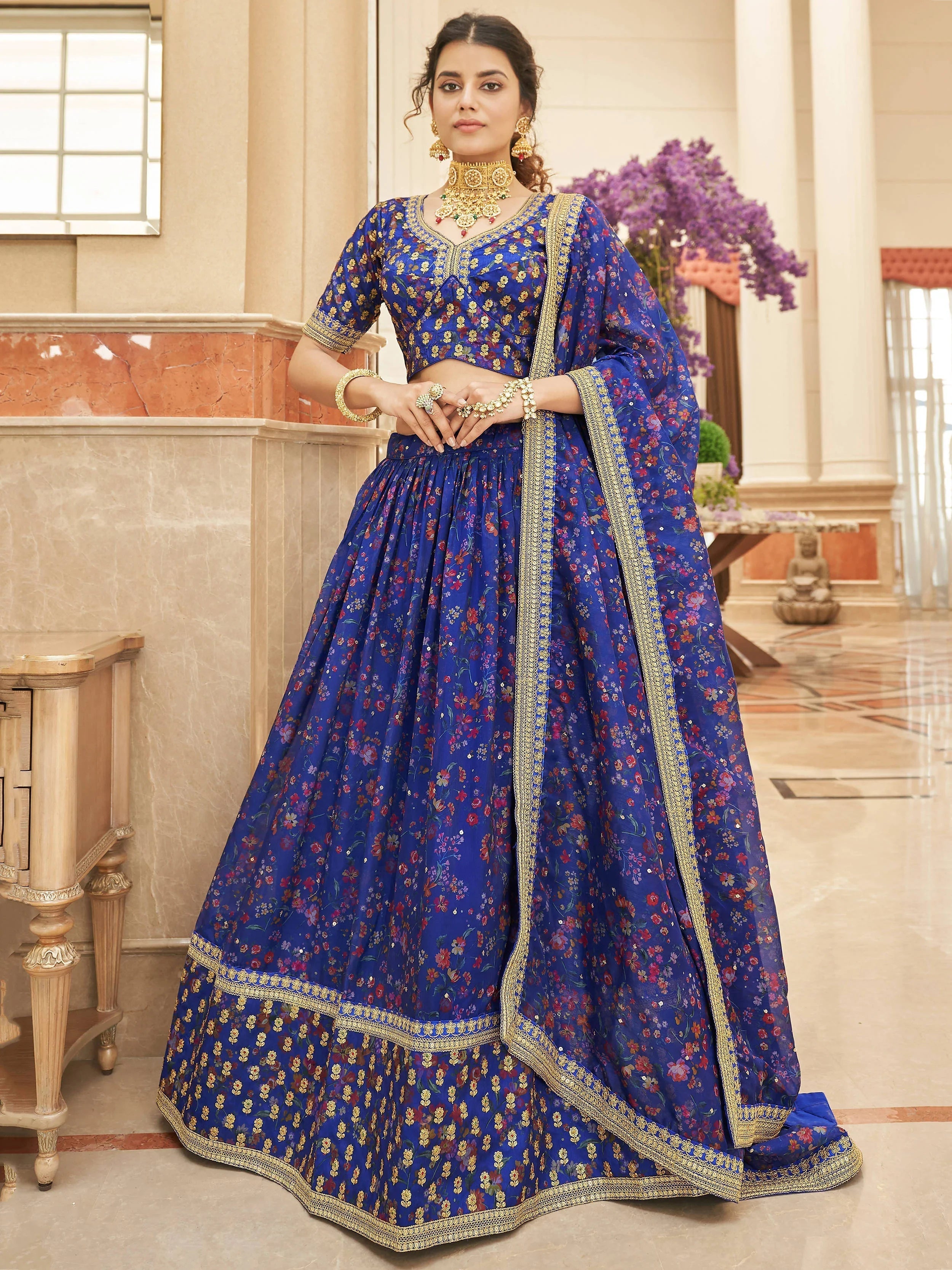 Wondrous Blue Digital Printed Organza Engagement Lehenga Choli