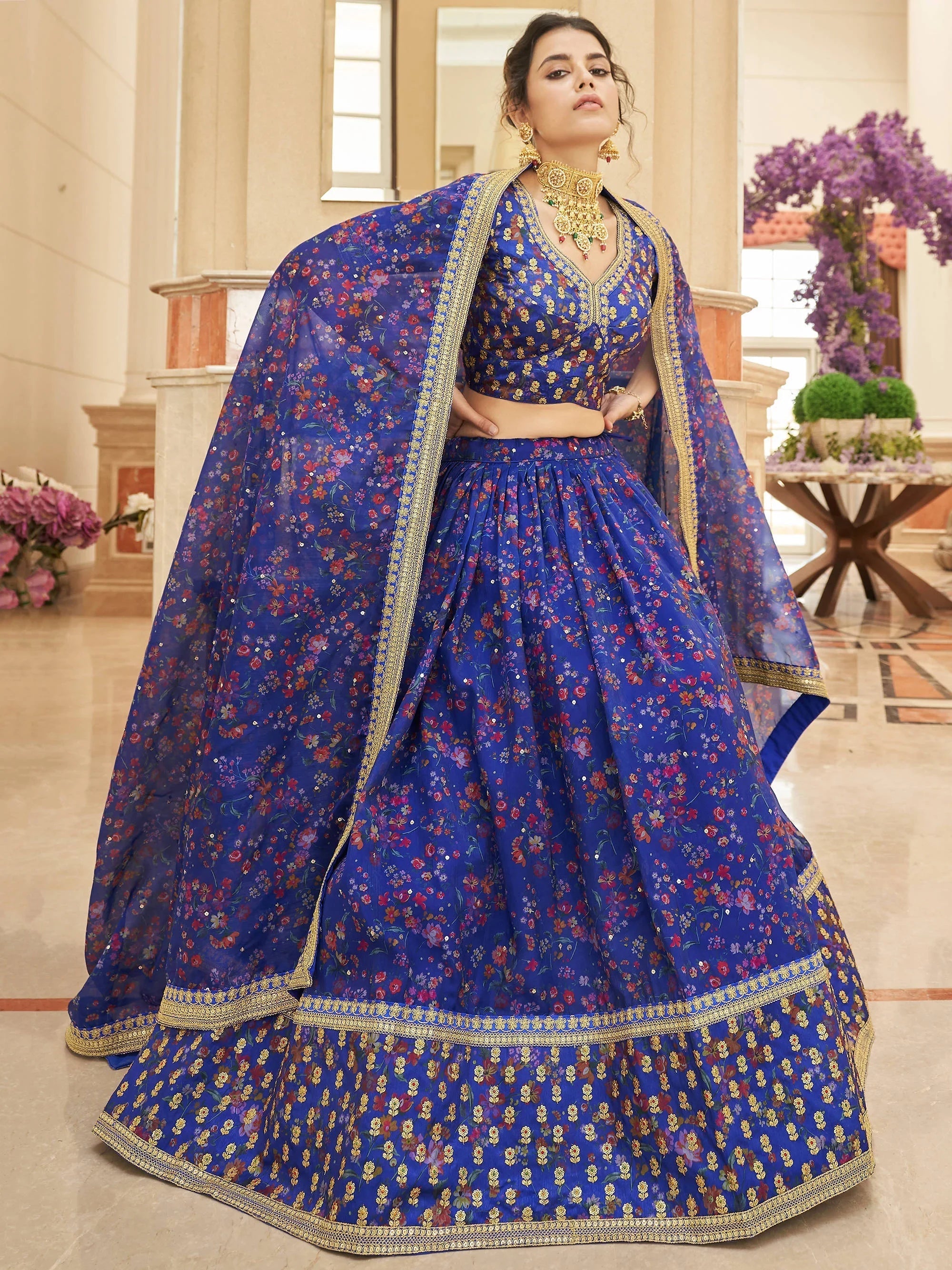 Wondrous Blue Digital Printed Organza Engagement Lehenga Choli