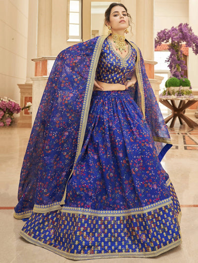 Wondrous Blue Digital Printed Organza Engagement Lehenga Choli