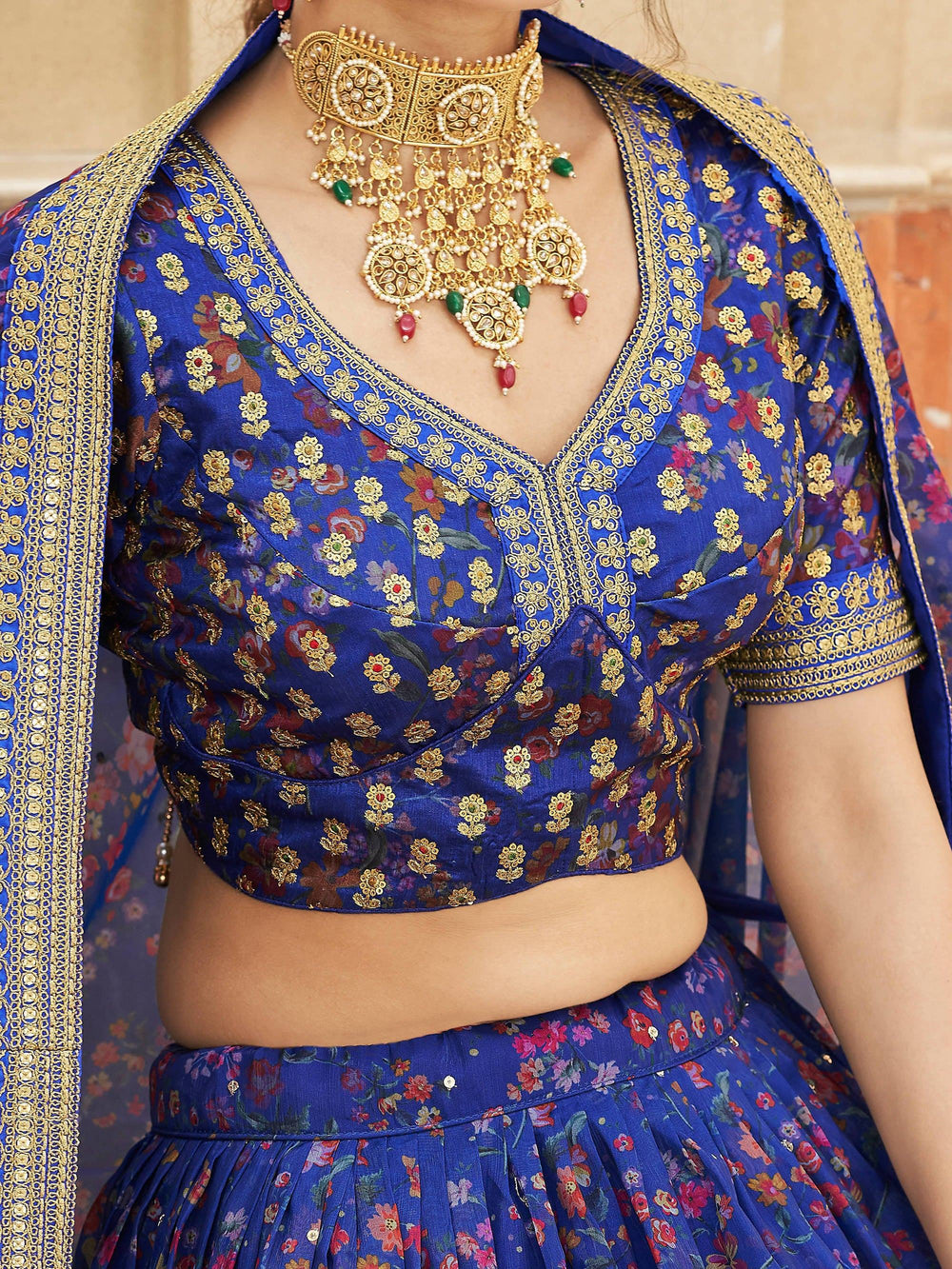 Wondrous Blue Digital Printed Organza Engagement Lehenga Choli