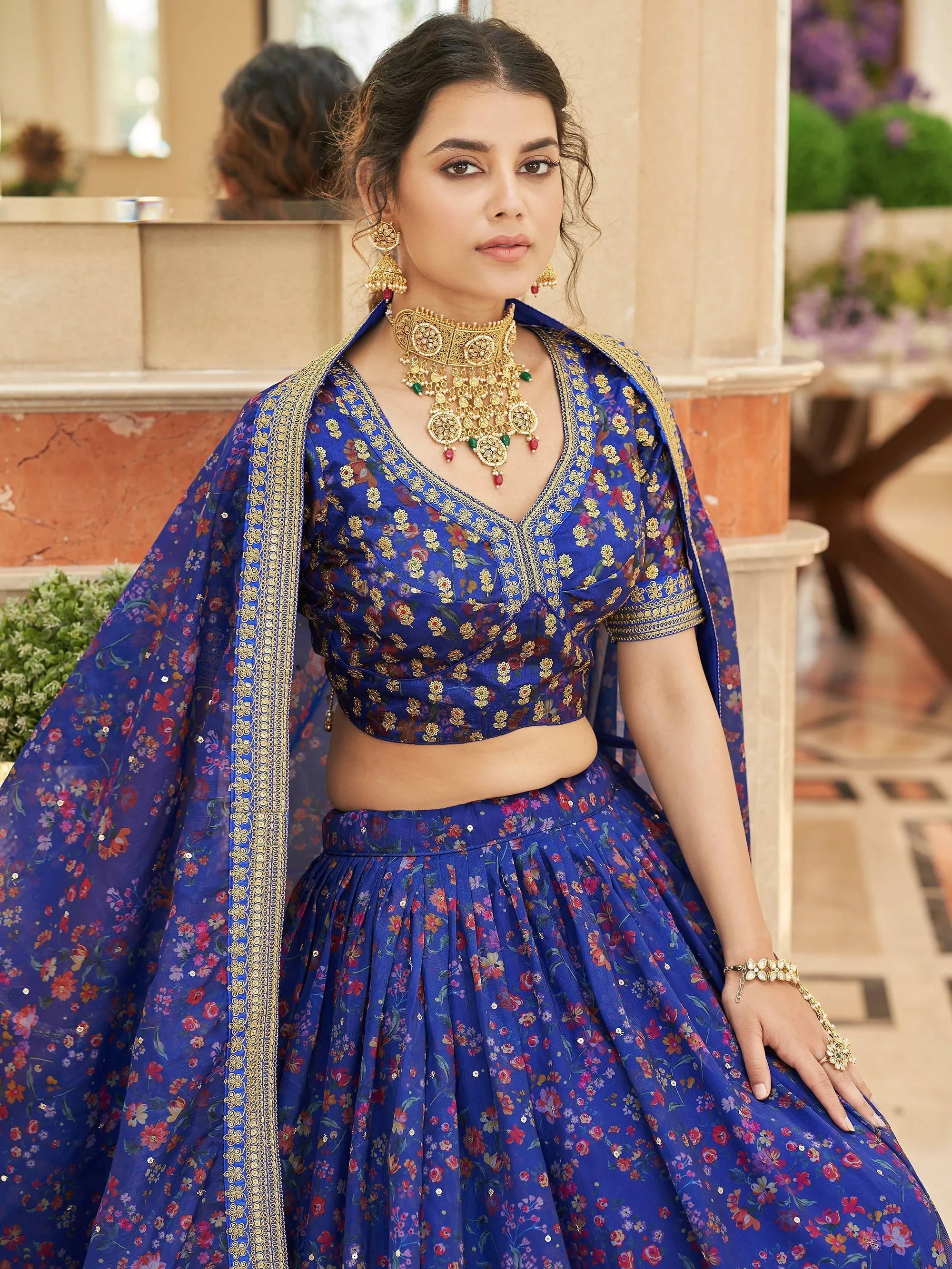 Wondrous Blue Digital Printed Organza Engagement Lehenga Choli