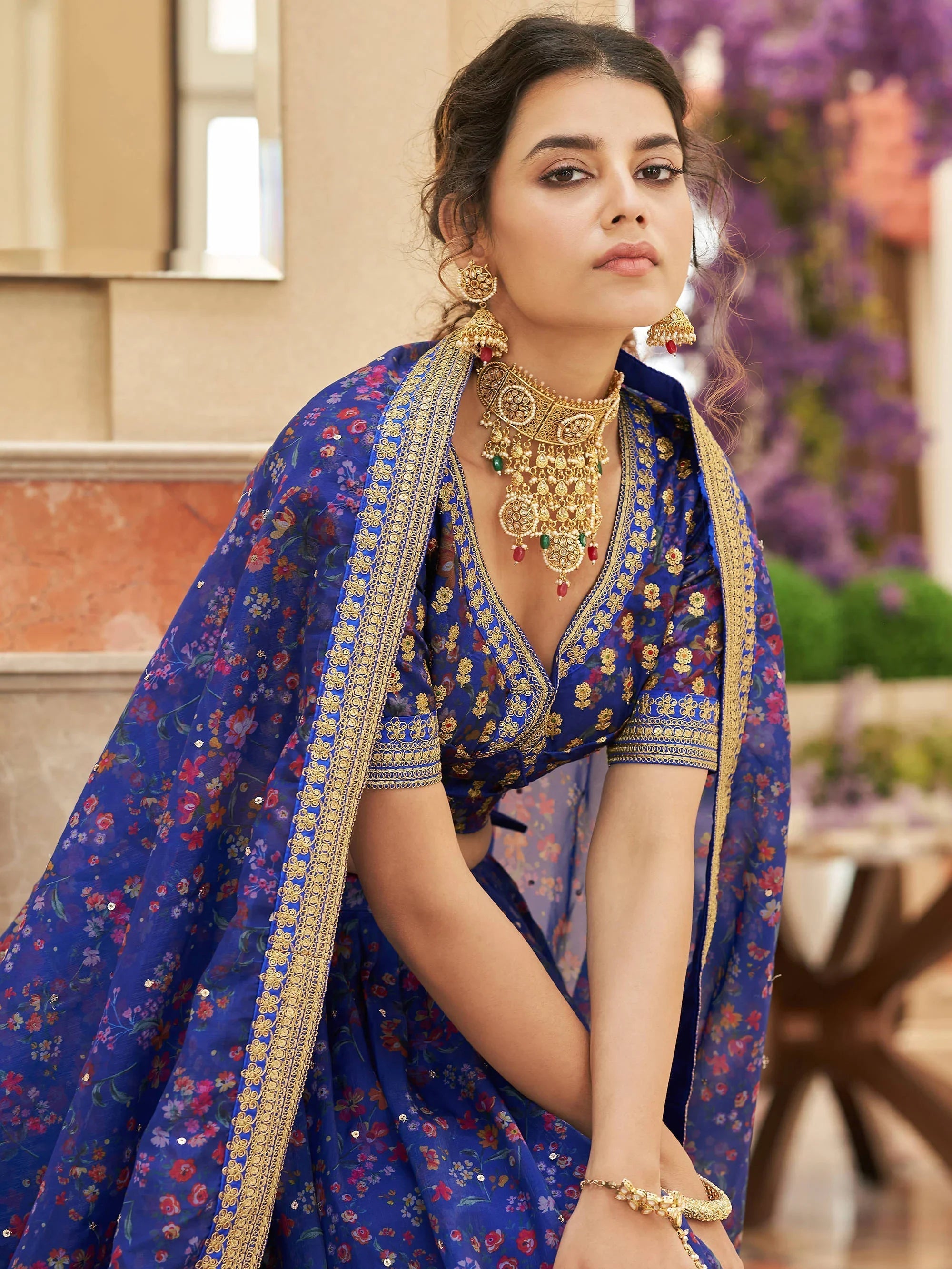 Wondrous Blue Digital Printed Organza Engagement Lehenga Choli