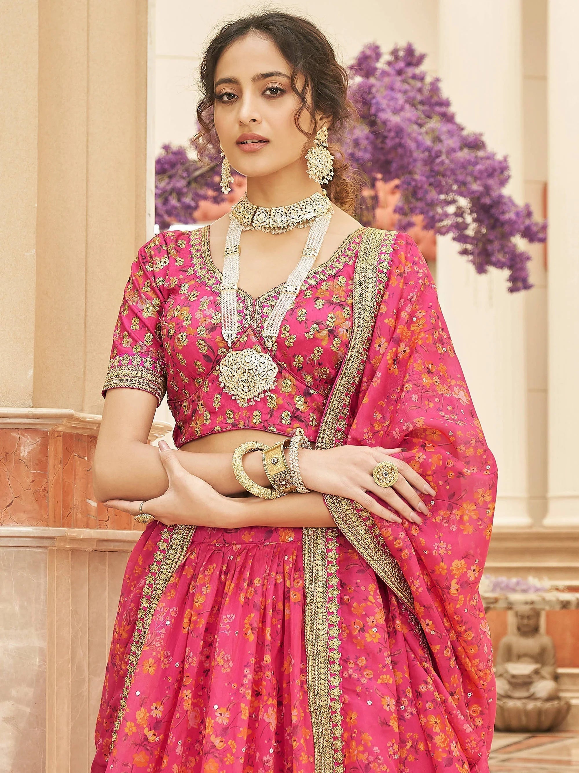 Pink Floral Printed Organza Reception Lehenga Choli for Ladies