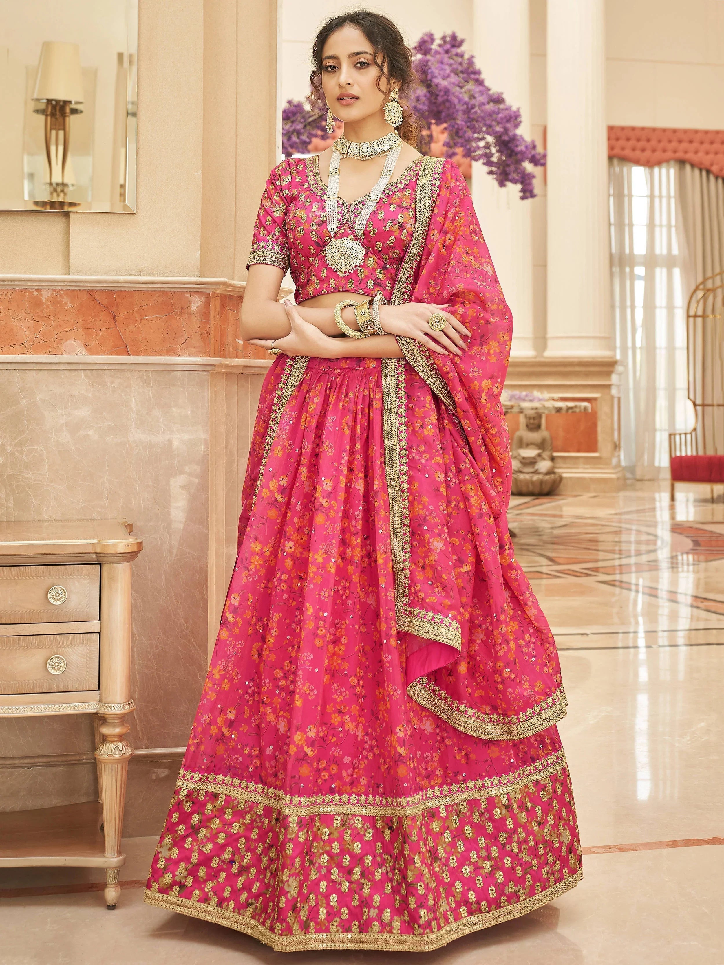 Pink Floral Printed Organza Reception Lehenga Choli for Ladies