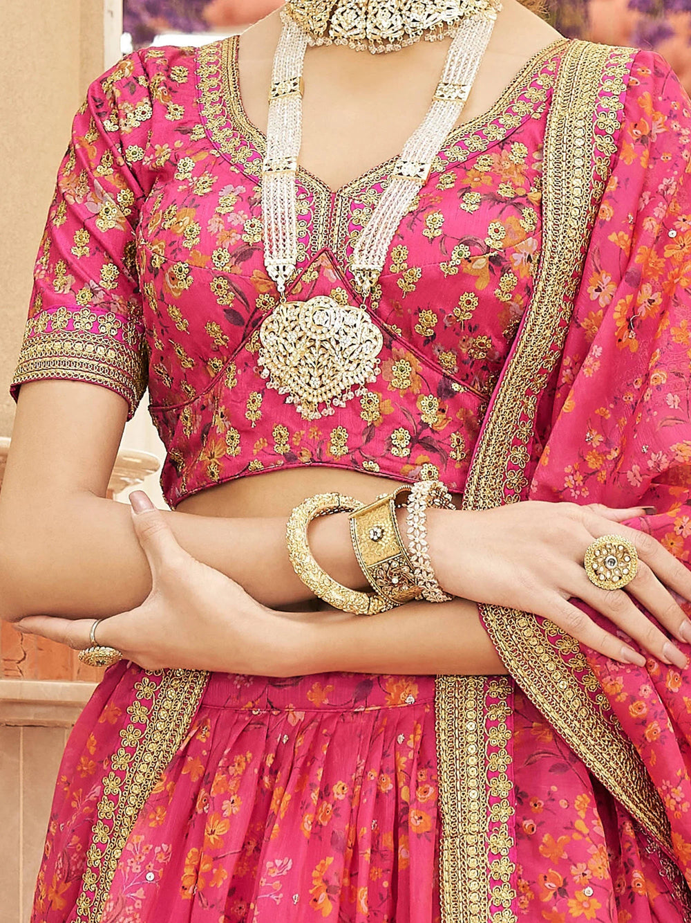 Pink Floral Printed Organza Reception Lehenga Choli for Ladies