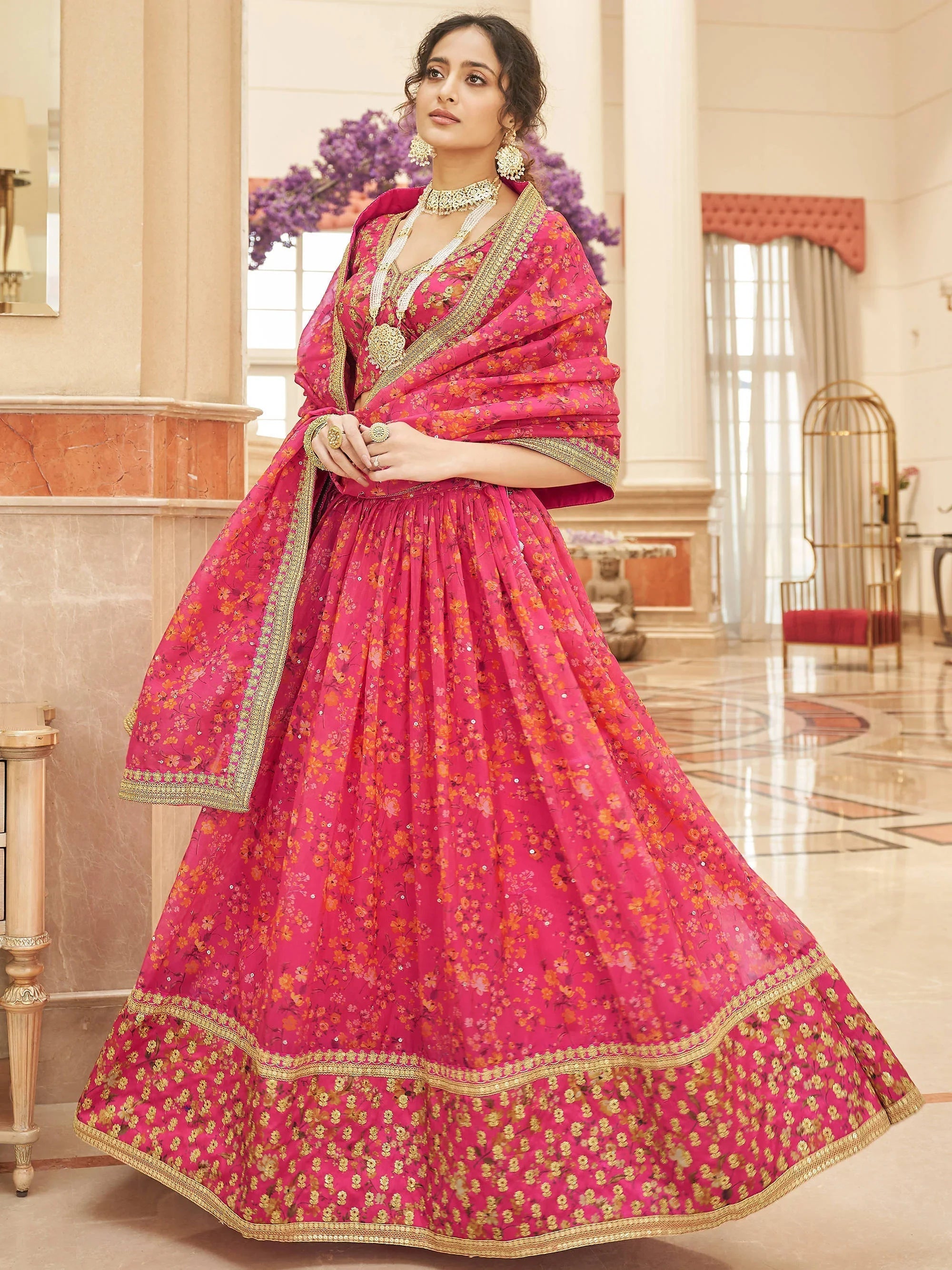 Pink Floral Printed Organza Reception Lehenga Choli for Ladies