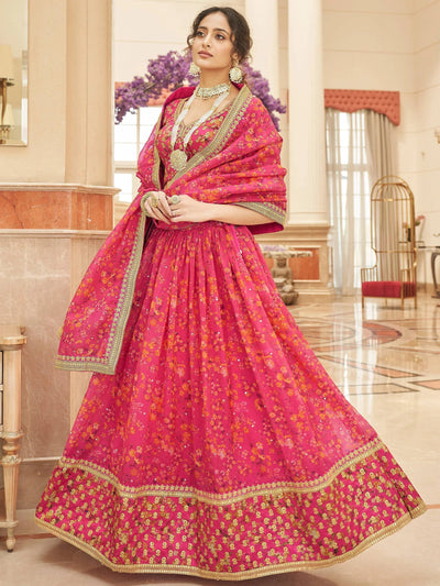 Pink Floral Printed Organza Reception Lehenga Choli for Ladies