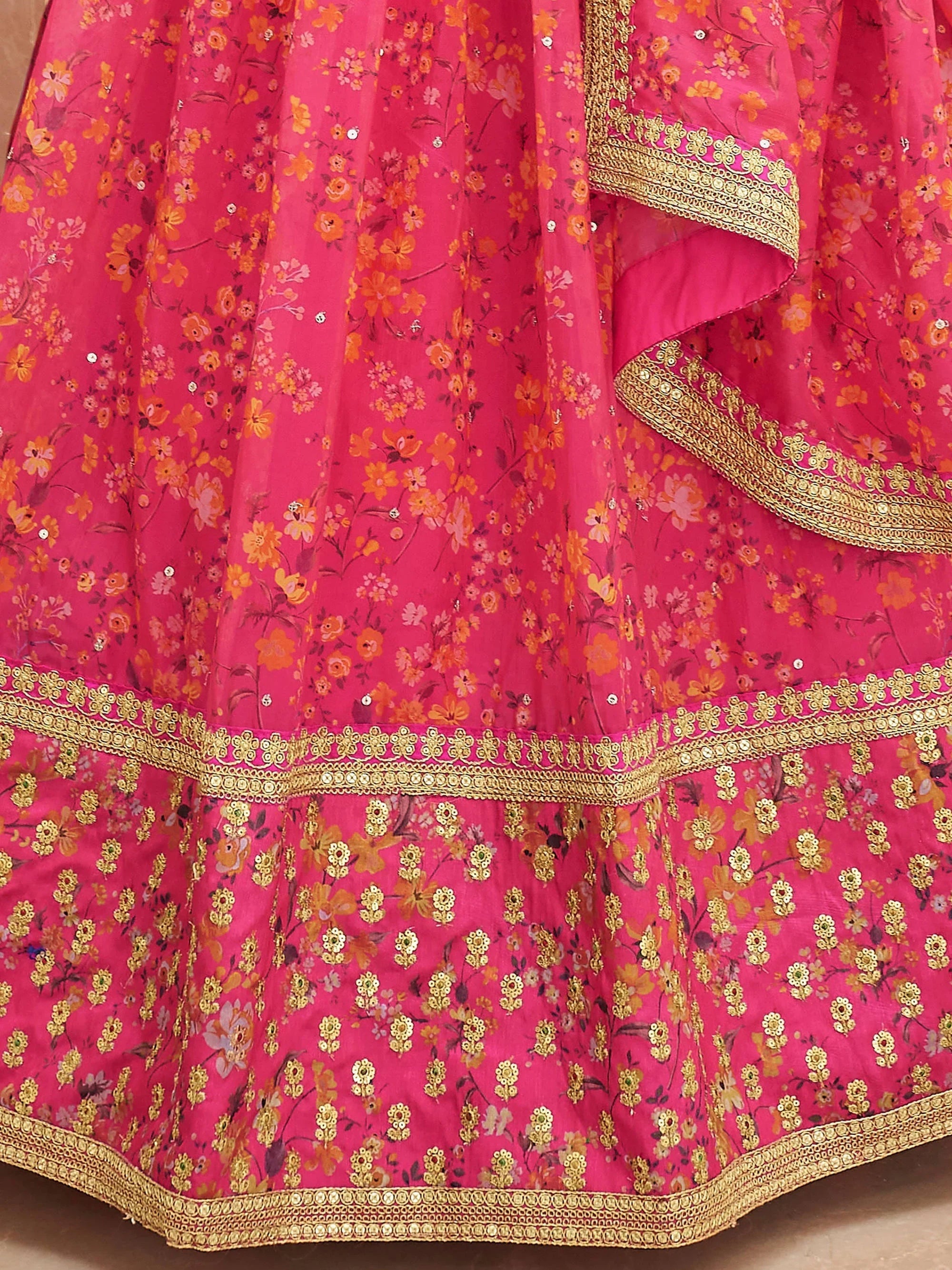 Pink Floral Printed Organza Reception Lehenga Choli for Ladies