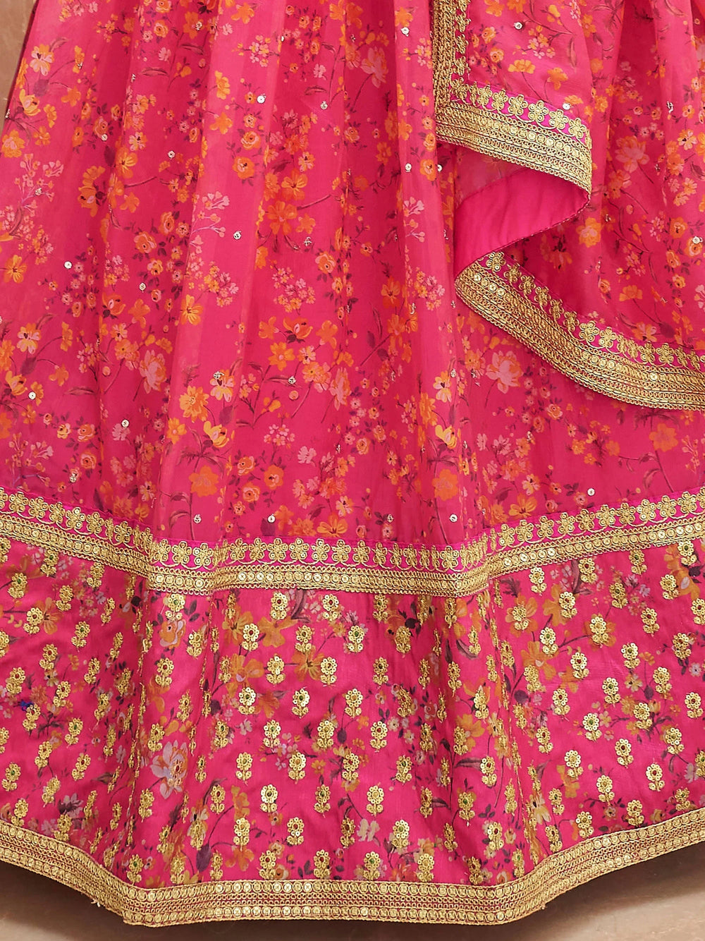 Pink Floral Printed Organza Reception Lehenga Choli for Ladies