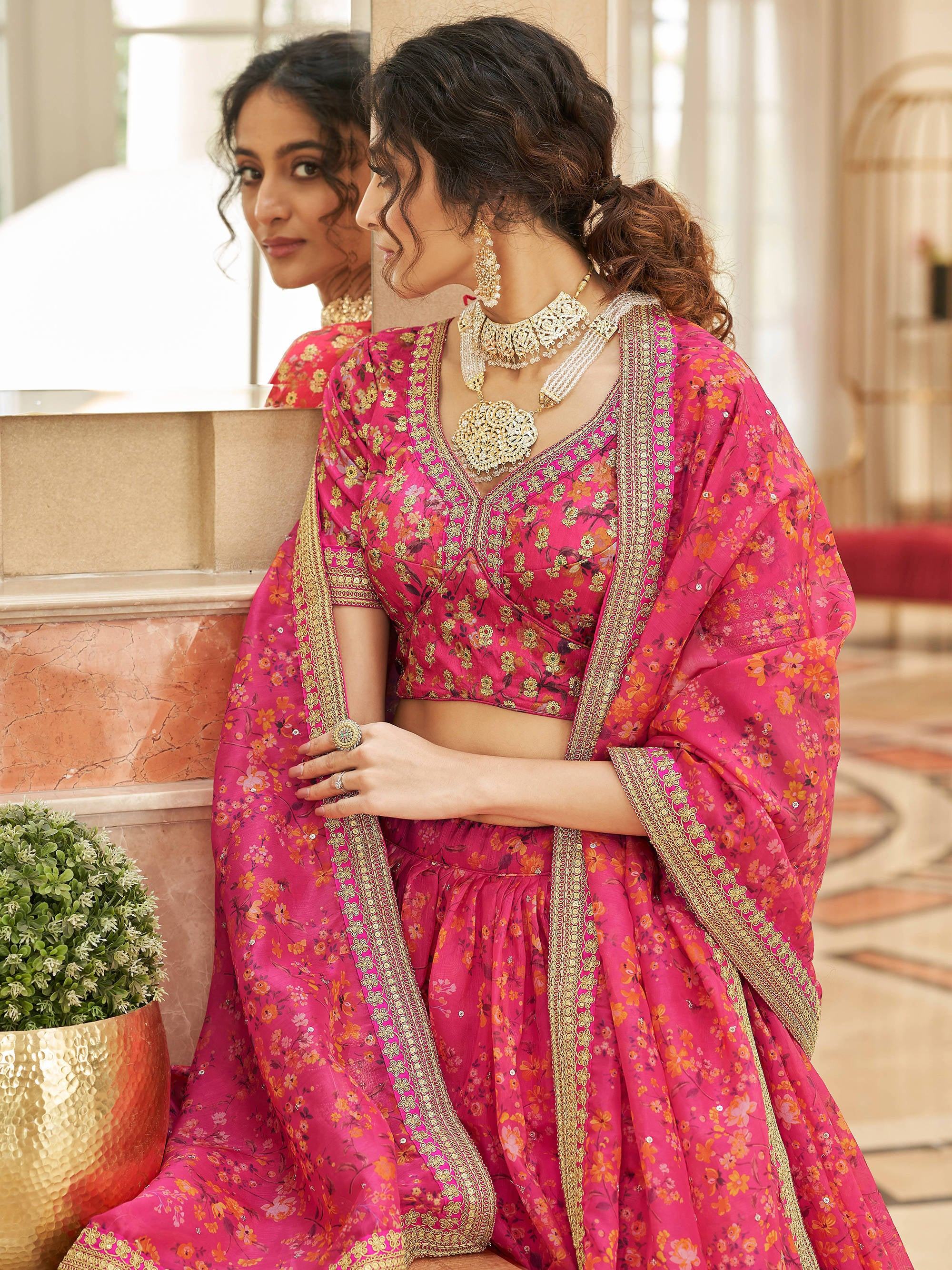 Pink Floral Printed Organza Reception Lehenga Choli for Ladies