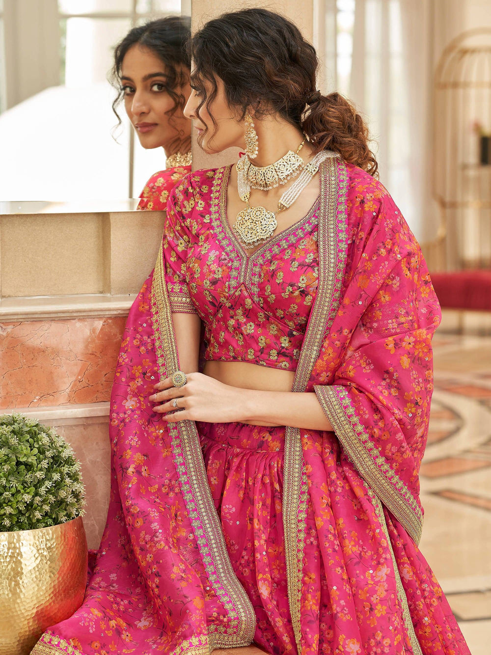 Pink Floral Printed Organza Reception Lehenga Choli for Ladies