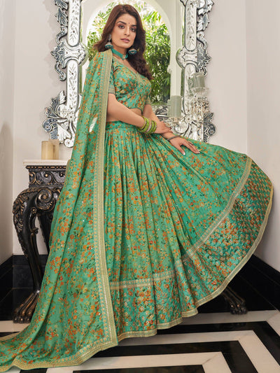Green Floral Printed Organza Mehendi Wear Lehenga Choli for Women