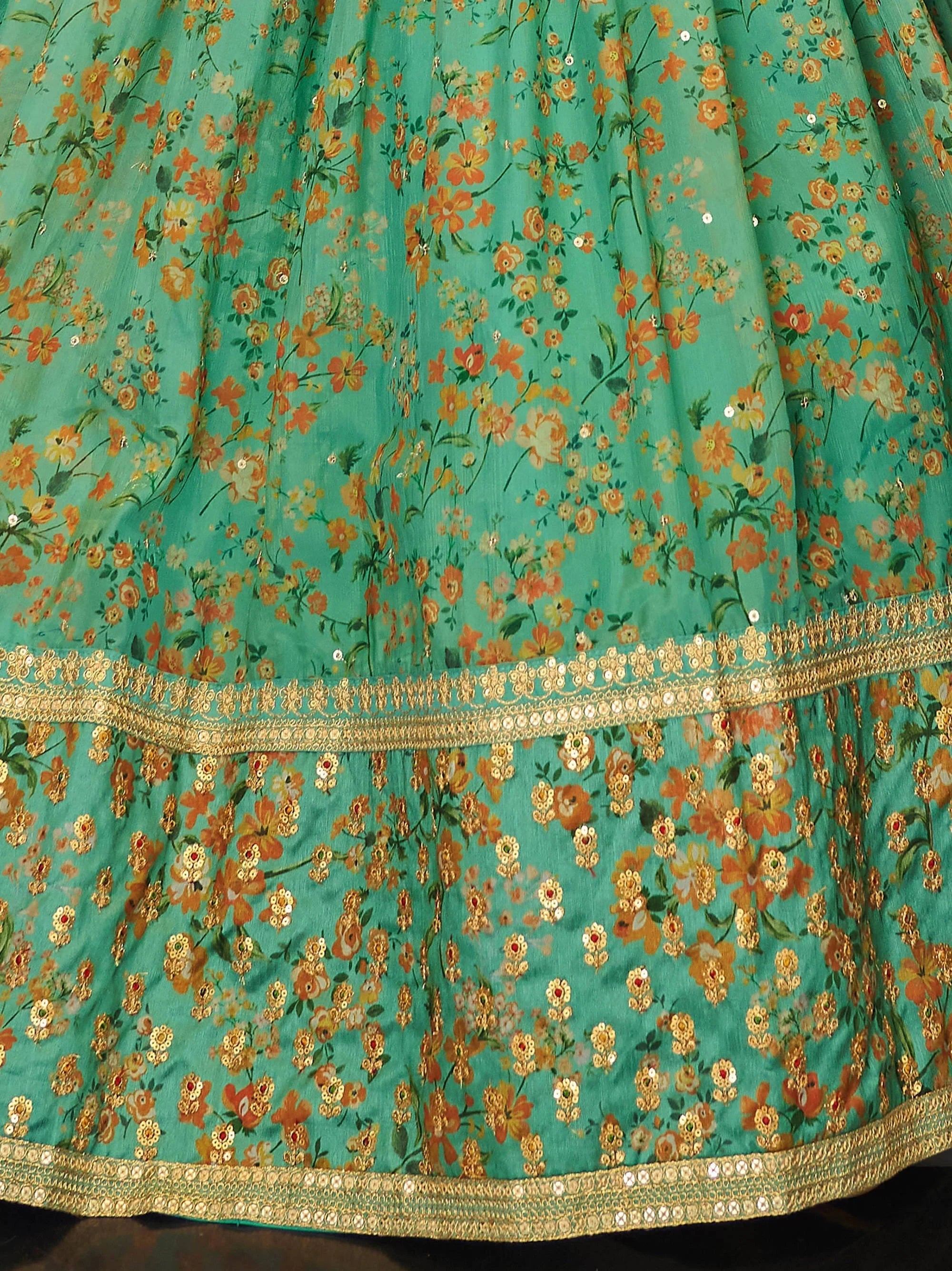 Green Floral Printed Organza Mehendi Wear Lehenga Choli for Women