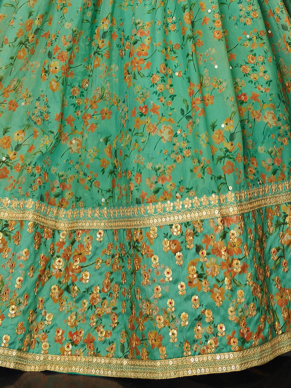 Green Floral Printed Organza Mehendi Wear Lehenga Choli for Women