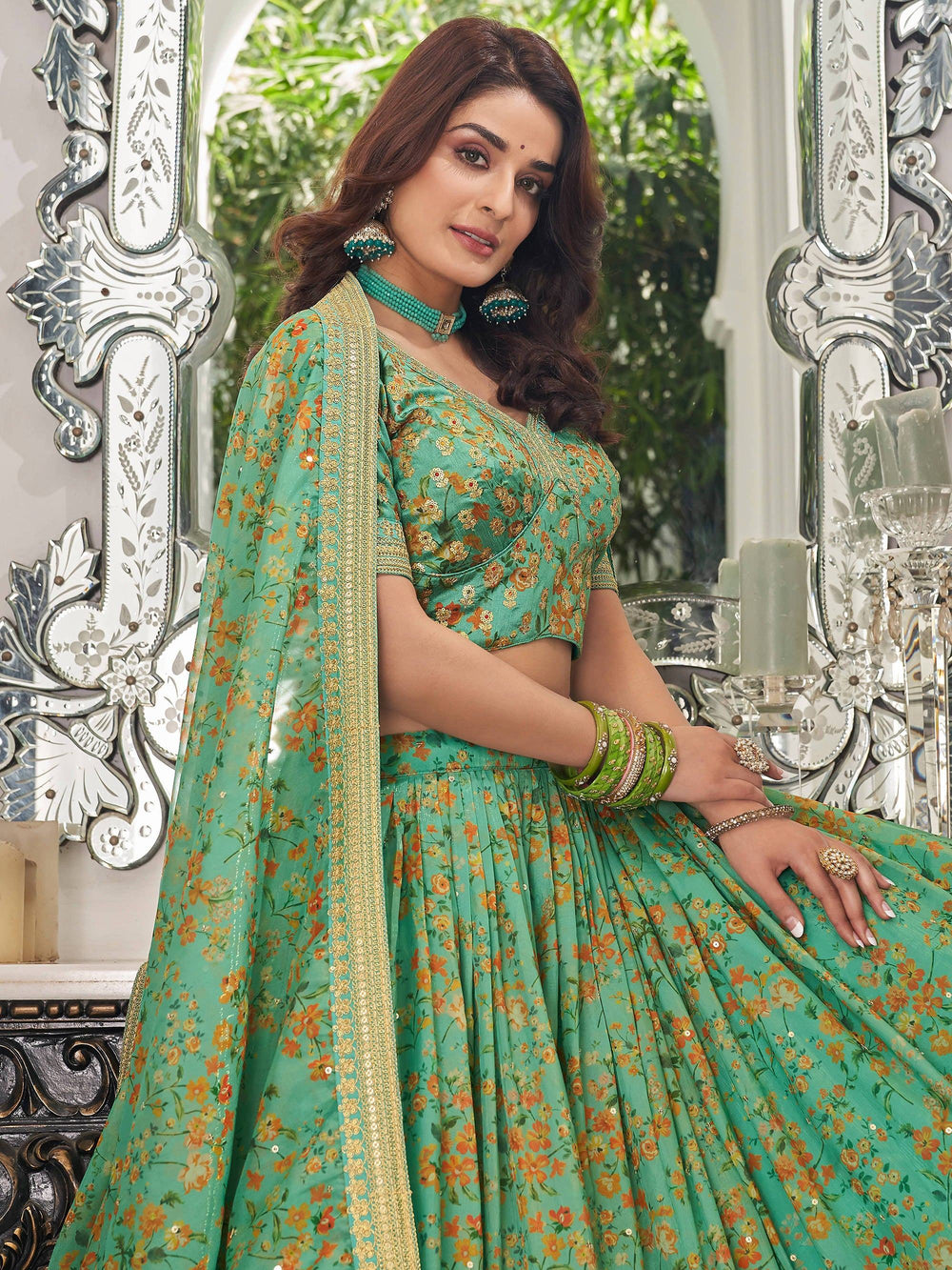 Green Floral Printed Organza Mehendi Wear Lehenga Choli for Women