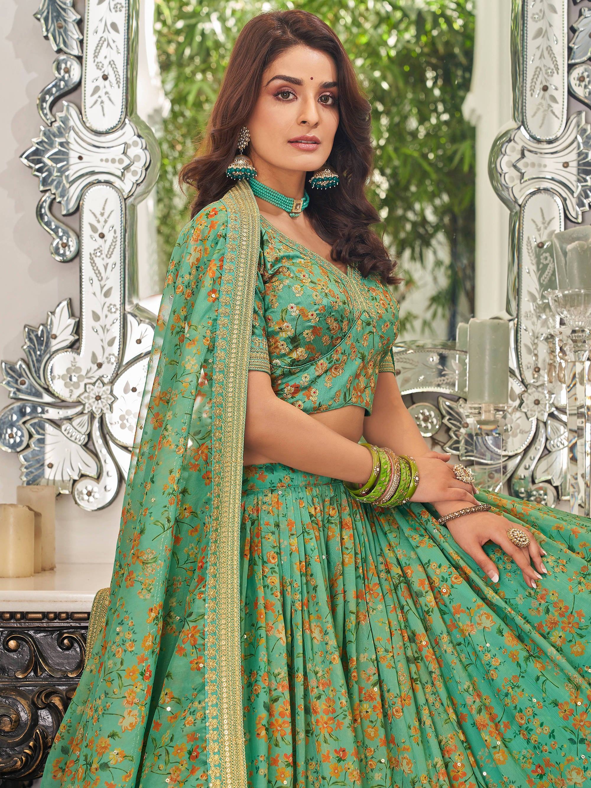 Green Floral Printed Organza Mehendi Wear Lehenga Choli for Women