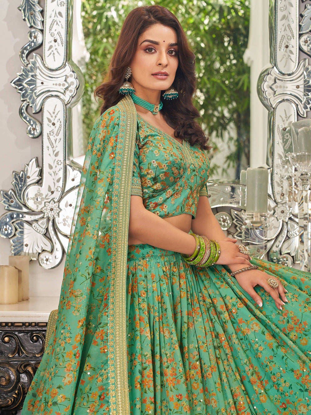 Green Floral Printed Organza Mehendi Wear Lehenga Choli for Women
