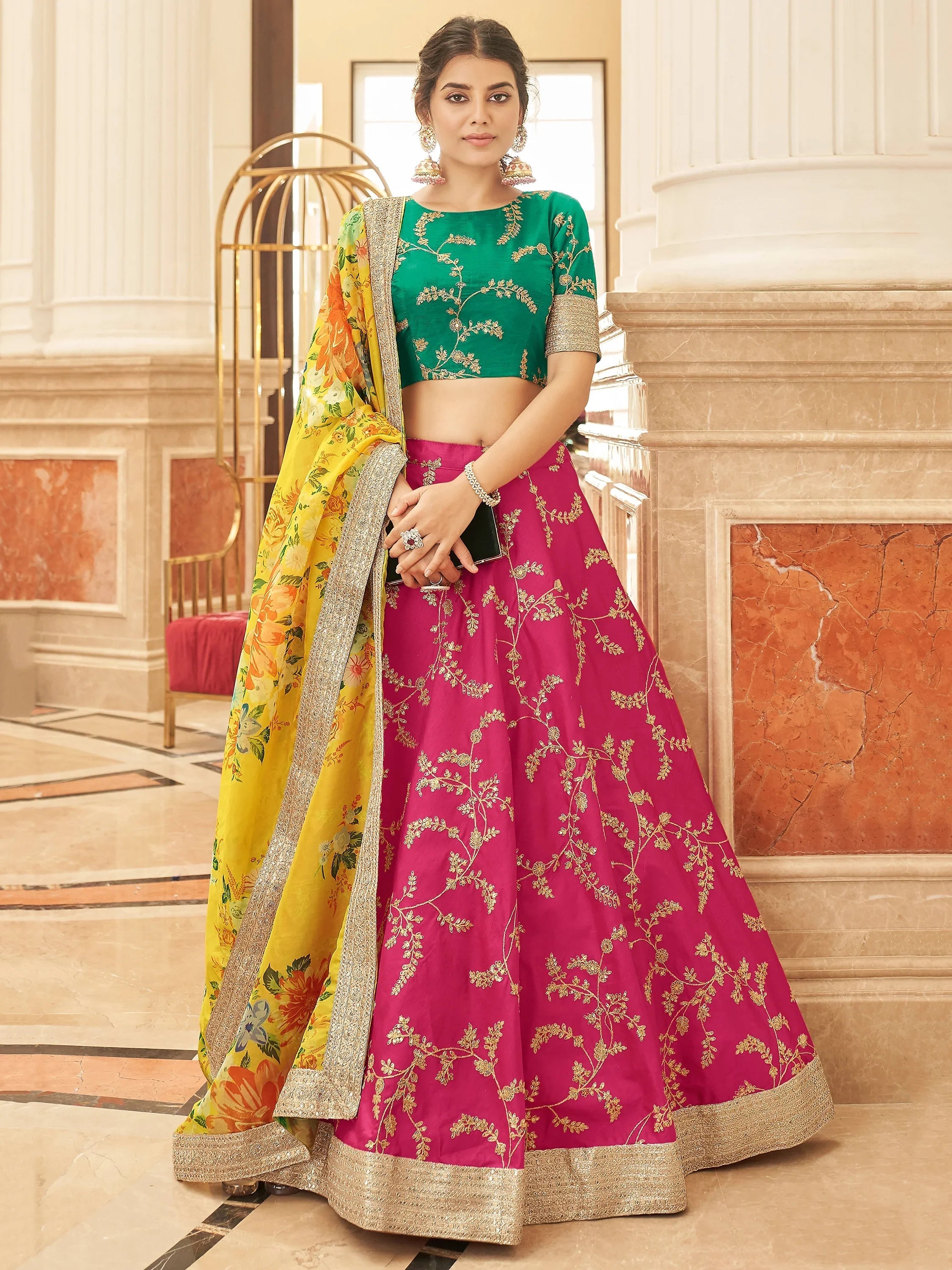 Pink Sequins Work Art Silk Wedding Wear Lehenga Choli with Dupatta