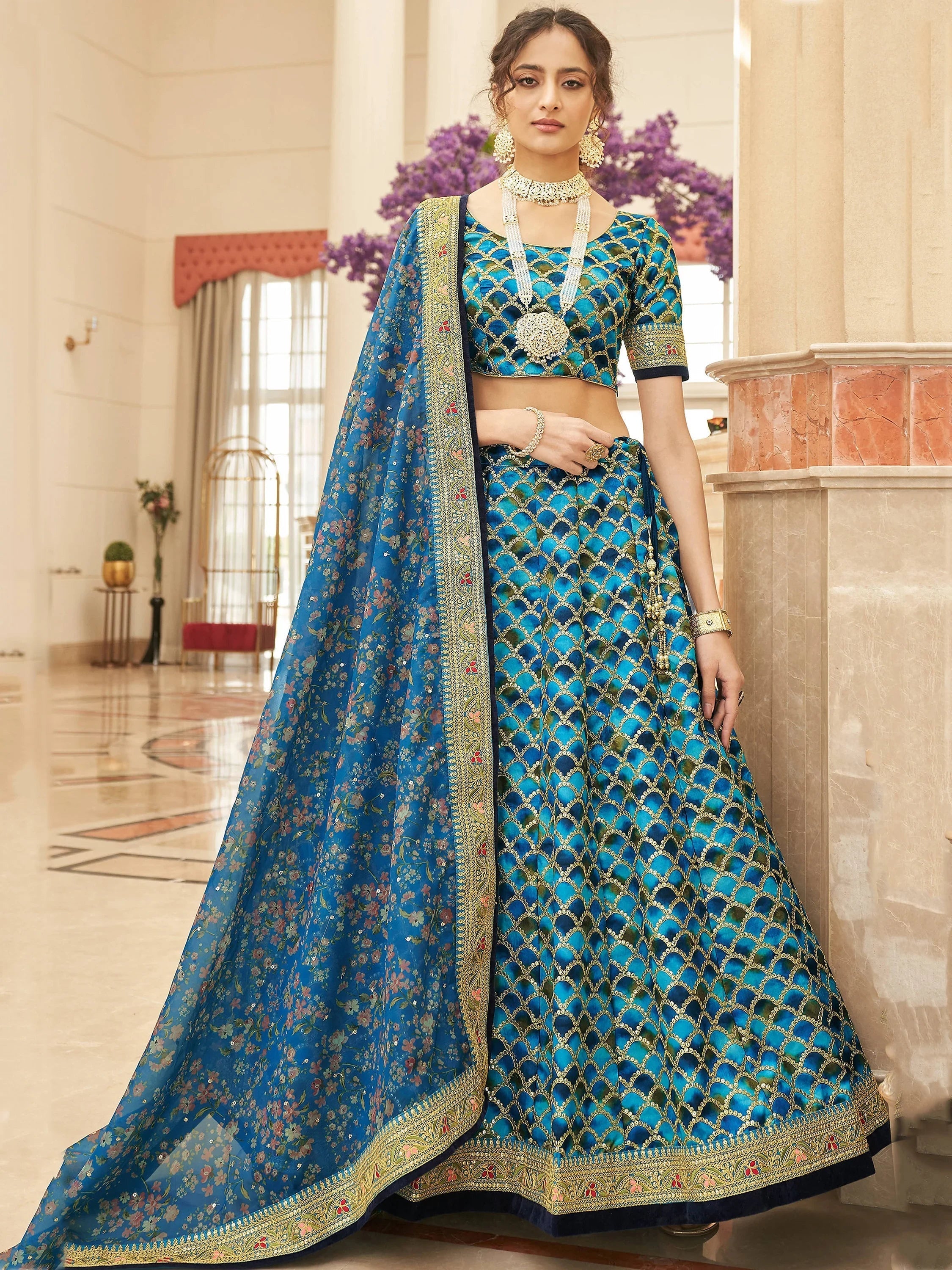 Blue Sequins Work Art Silk Wedding Lehenga Choli for Women