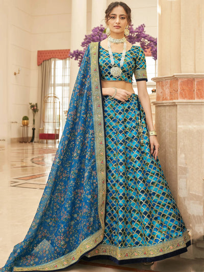 Blue Sequins Work Art Silk Wedding Lehenga Choli for Women