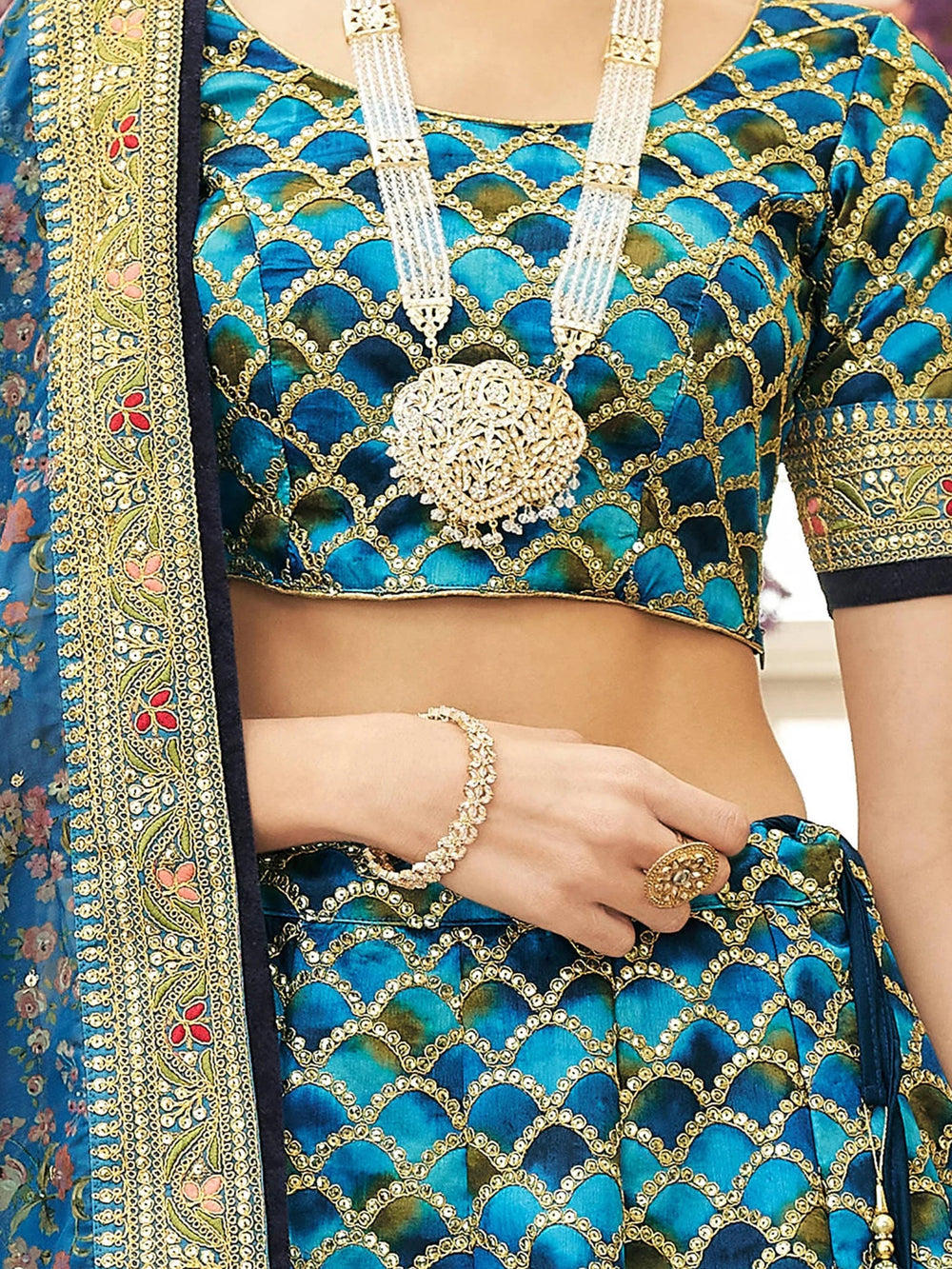 Blue Sequins Work Art Silk Wedding Lehenga Choli for Women