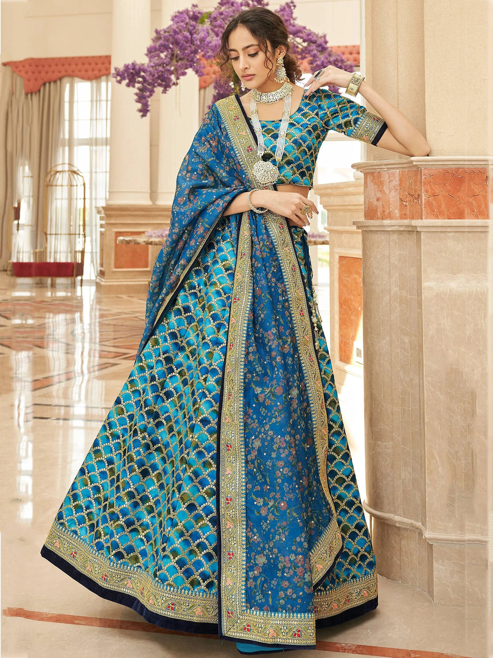 Blue Sequins Work Art Silk Wedding Lehenga Choli for Women