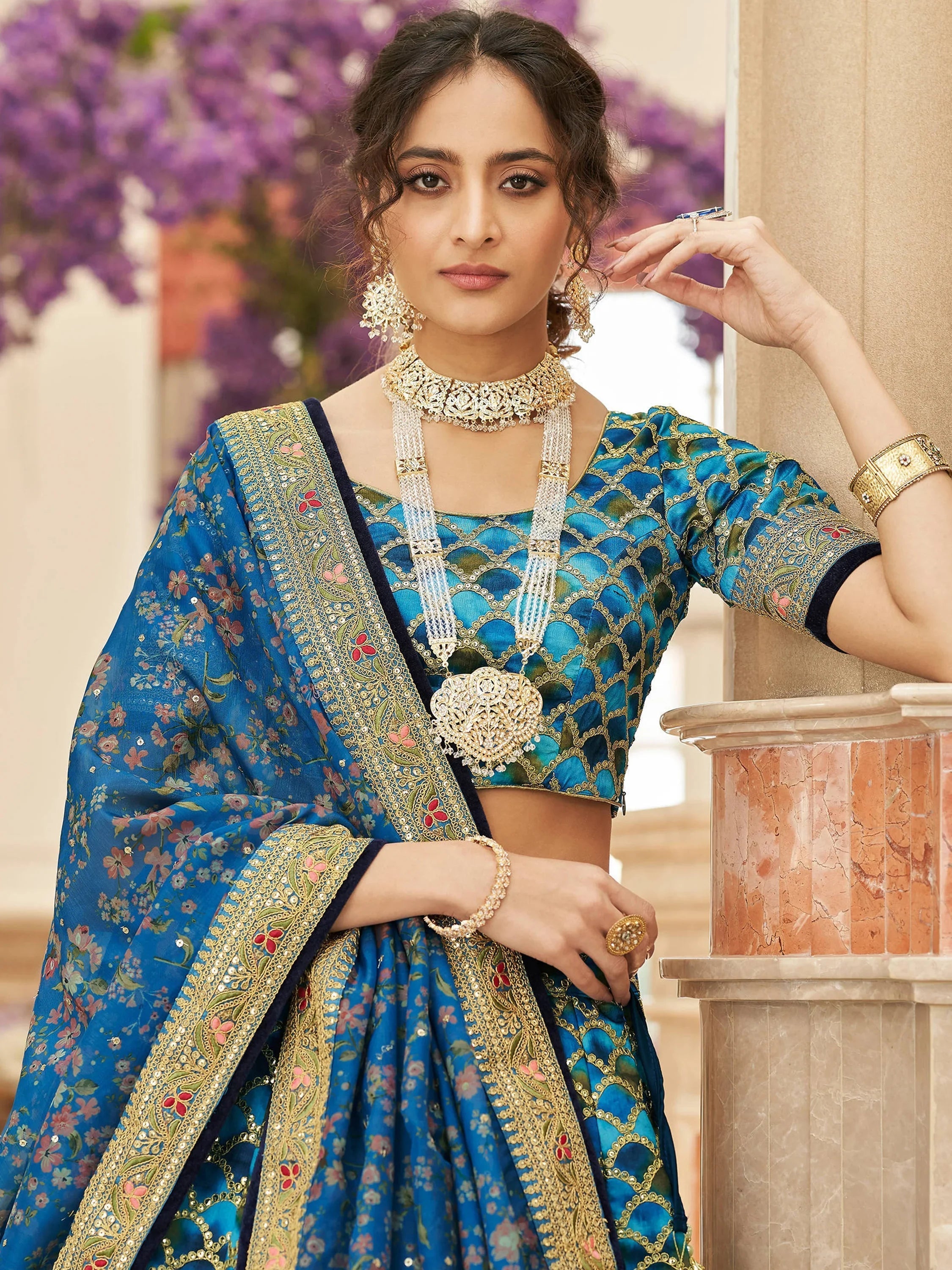 Blue Sequins Work Art Silk Wedding Lehenga Choli for Women
