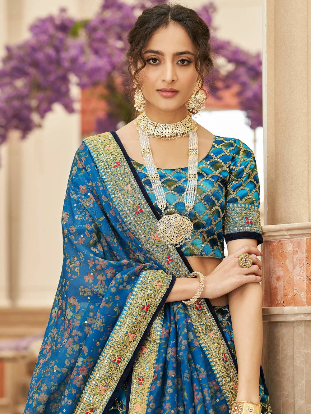 Blue Sequins Work Art Silk Wedding Lehenga Choli for Women