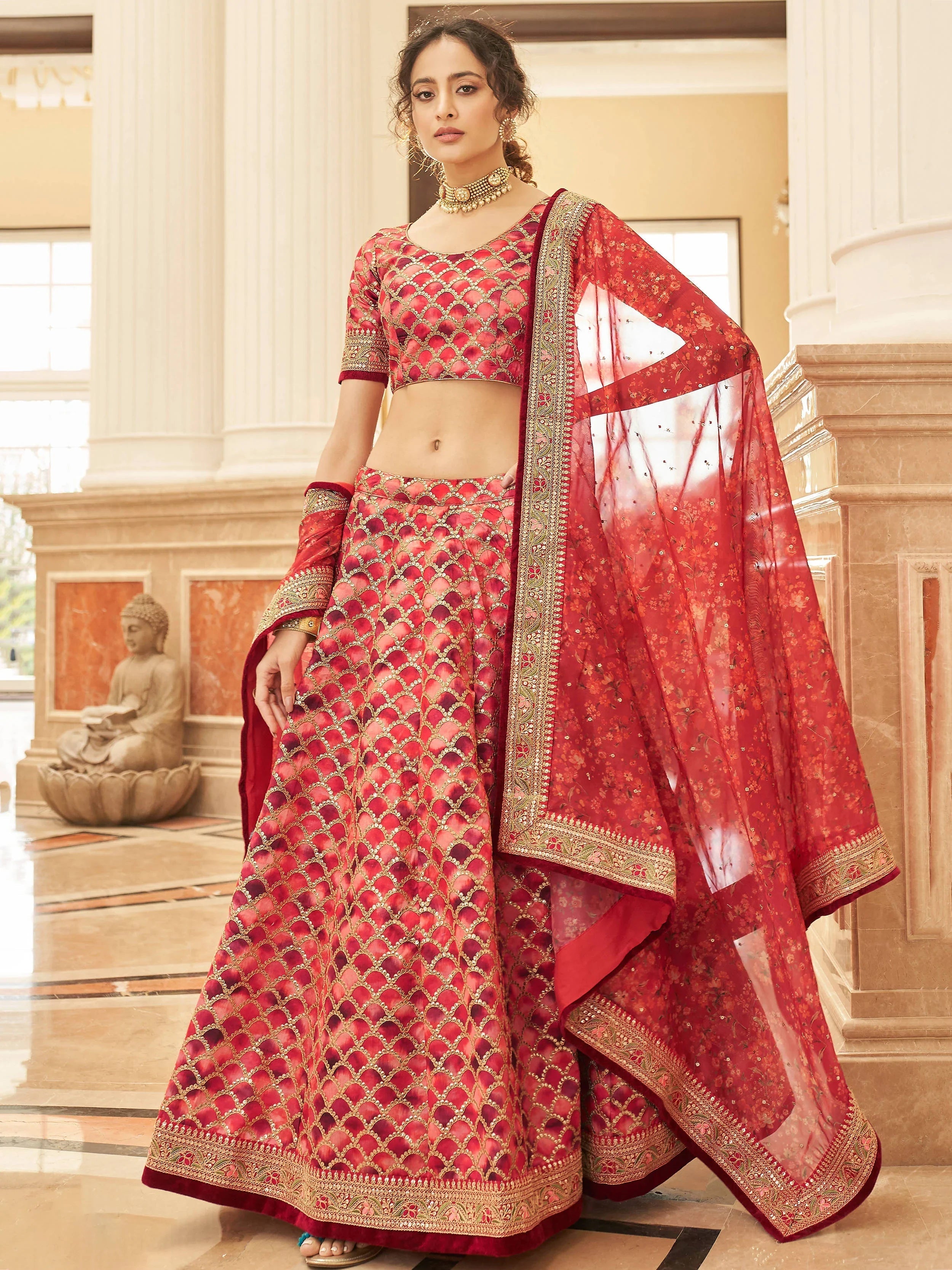 Art silk lehenga choli with sequins work and thread embroidery for wedding engagement