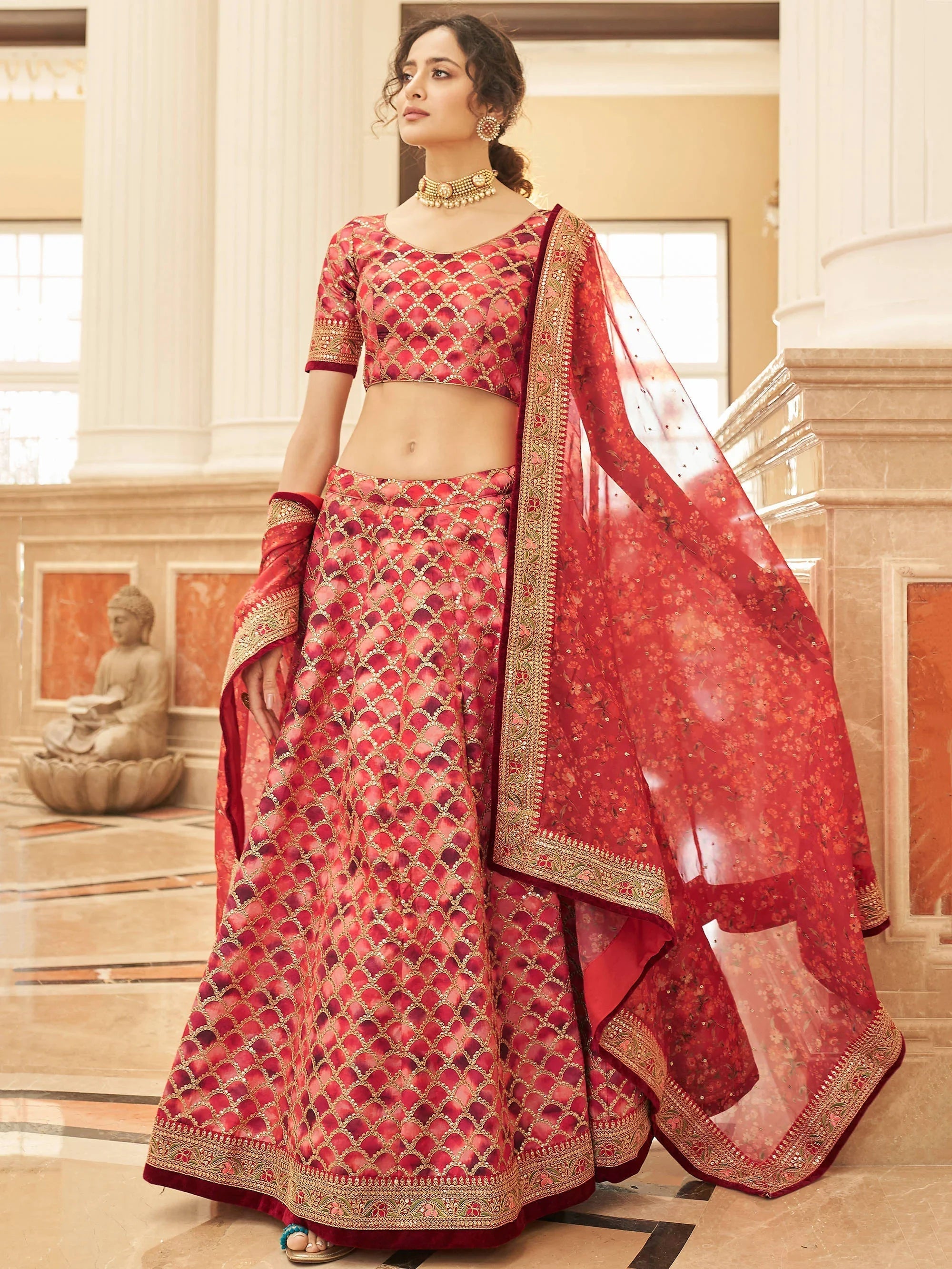 Art silk lehenga choli with sequins work and thread embroidery for wedding engagement