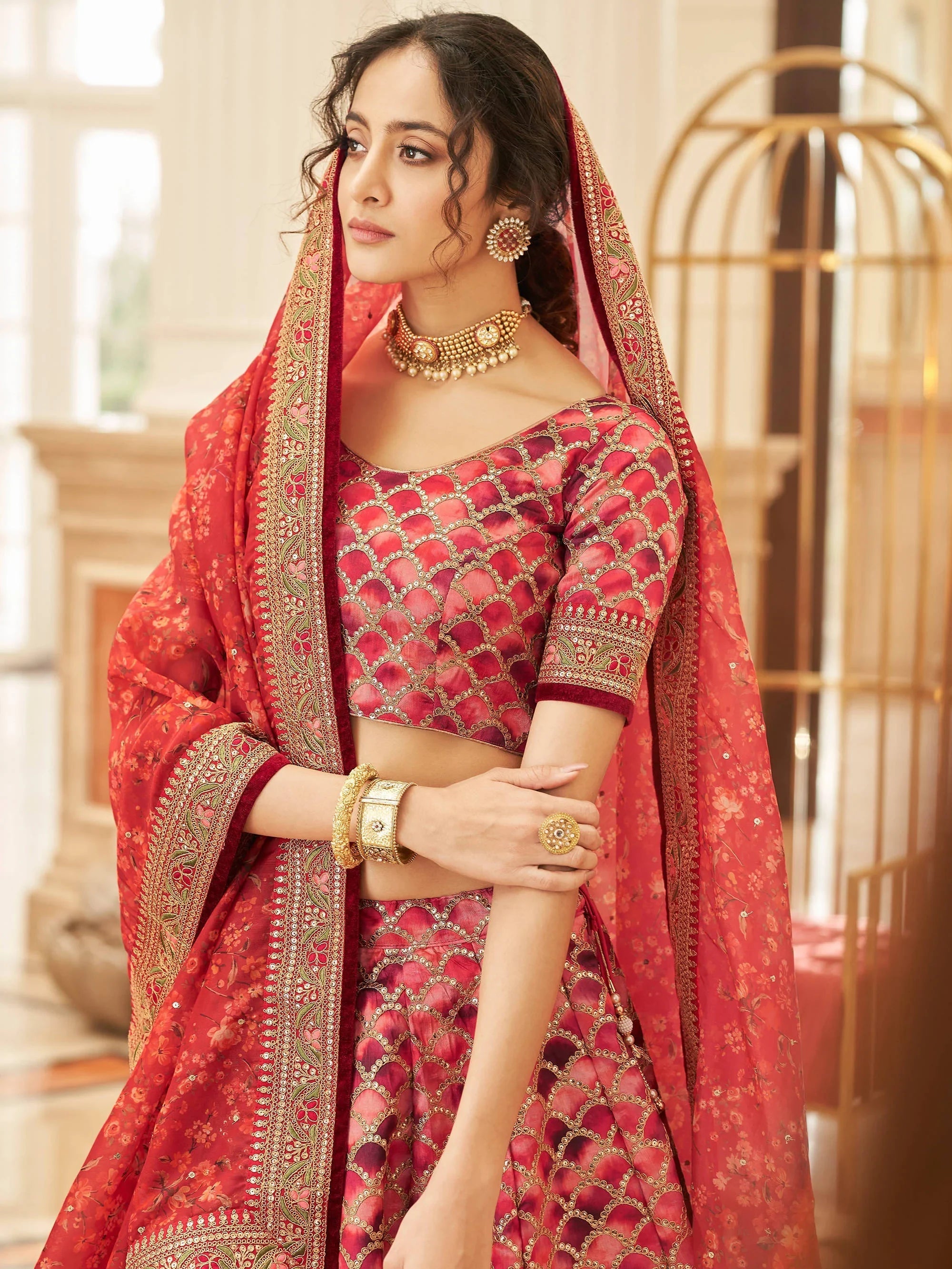 Art silk lehenga choli with sequins work and thread embroidery for wedding engagement