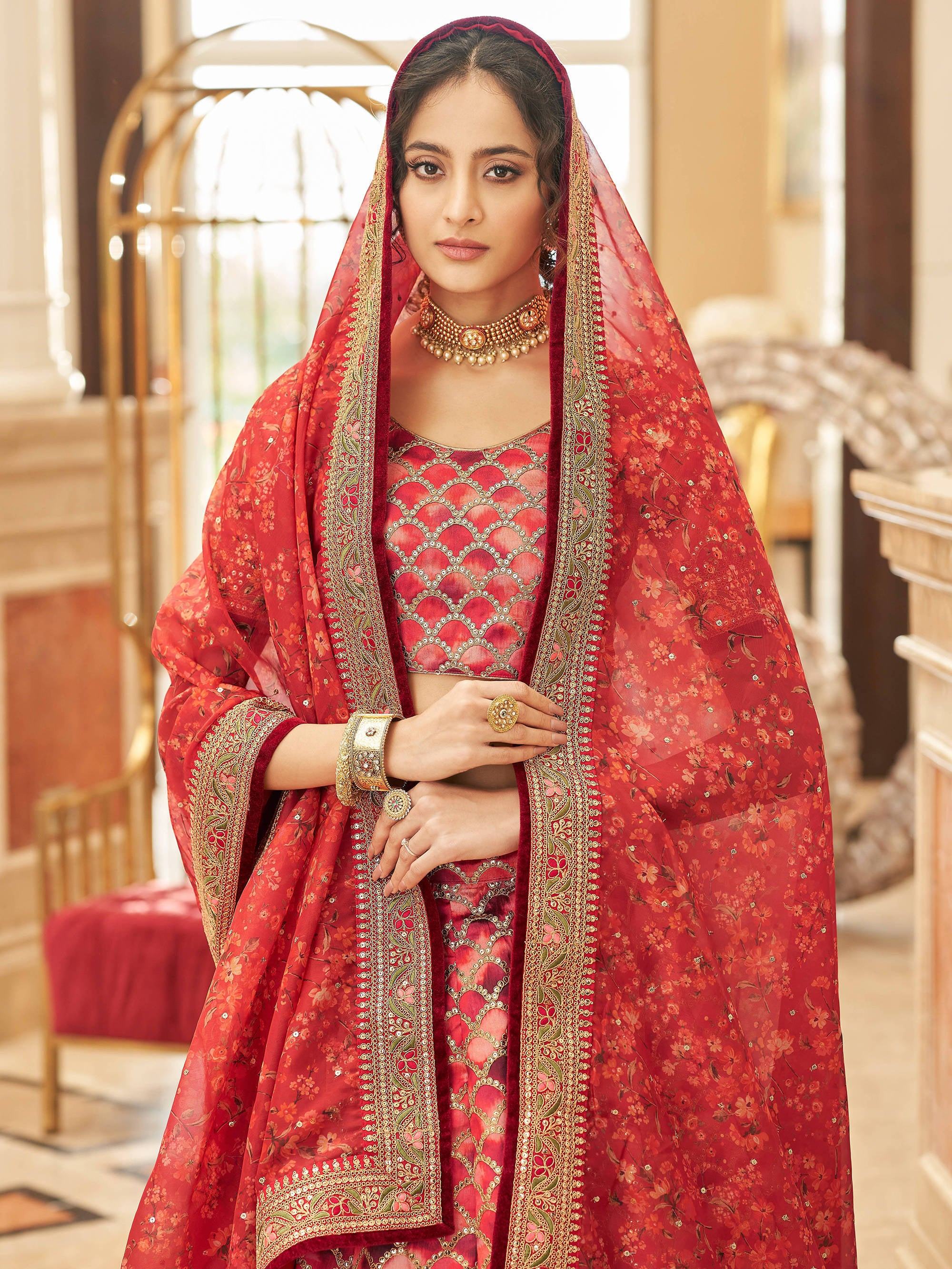 Art silk lehenga choli with sequins work and thread embroidery for wedding engagement