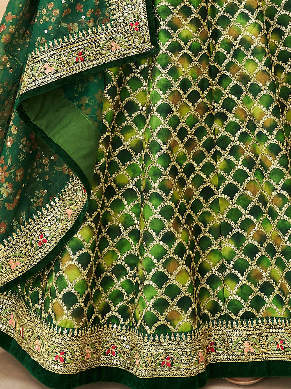 Green Embroidered Art Silk Engagement Lehenga Choli for Women