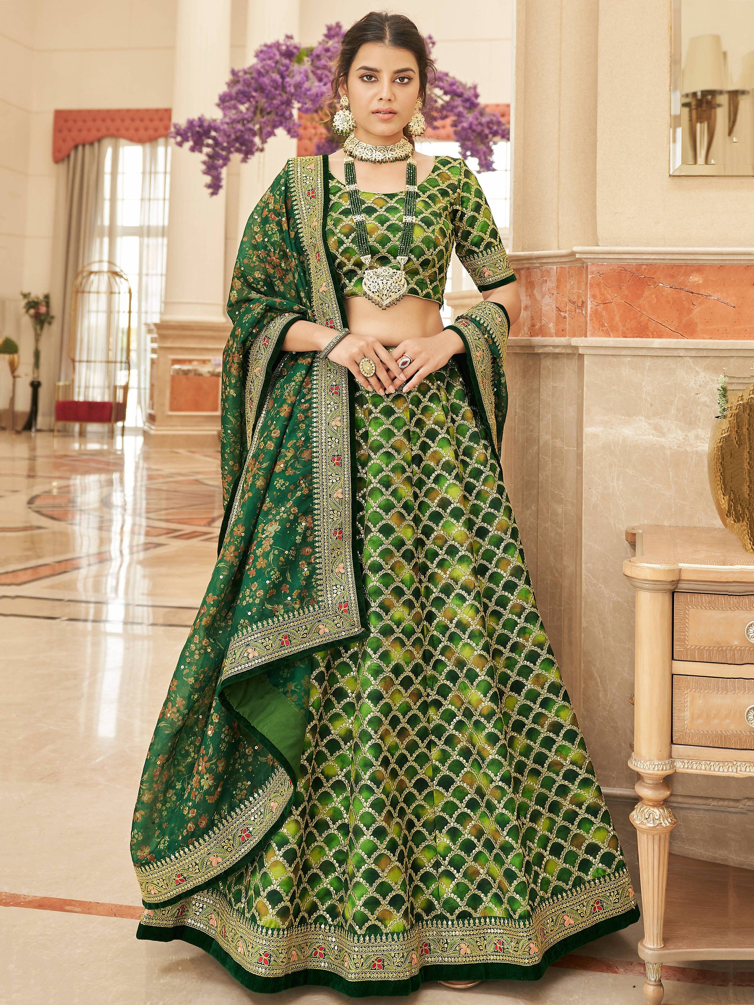 Green Embroidered Art Silk Engagement Lehenga Choli for Women