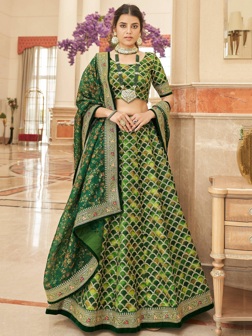 Green Embroidered Art Silk Engagement Lehenga Choli for Women