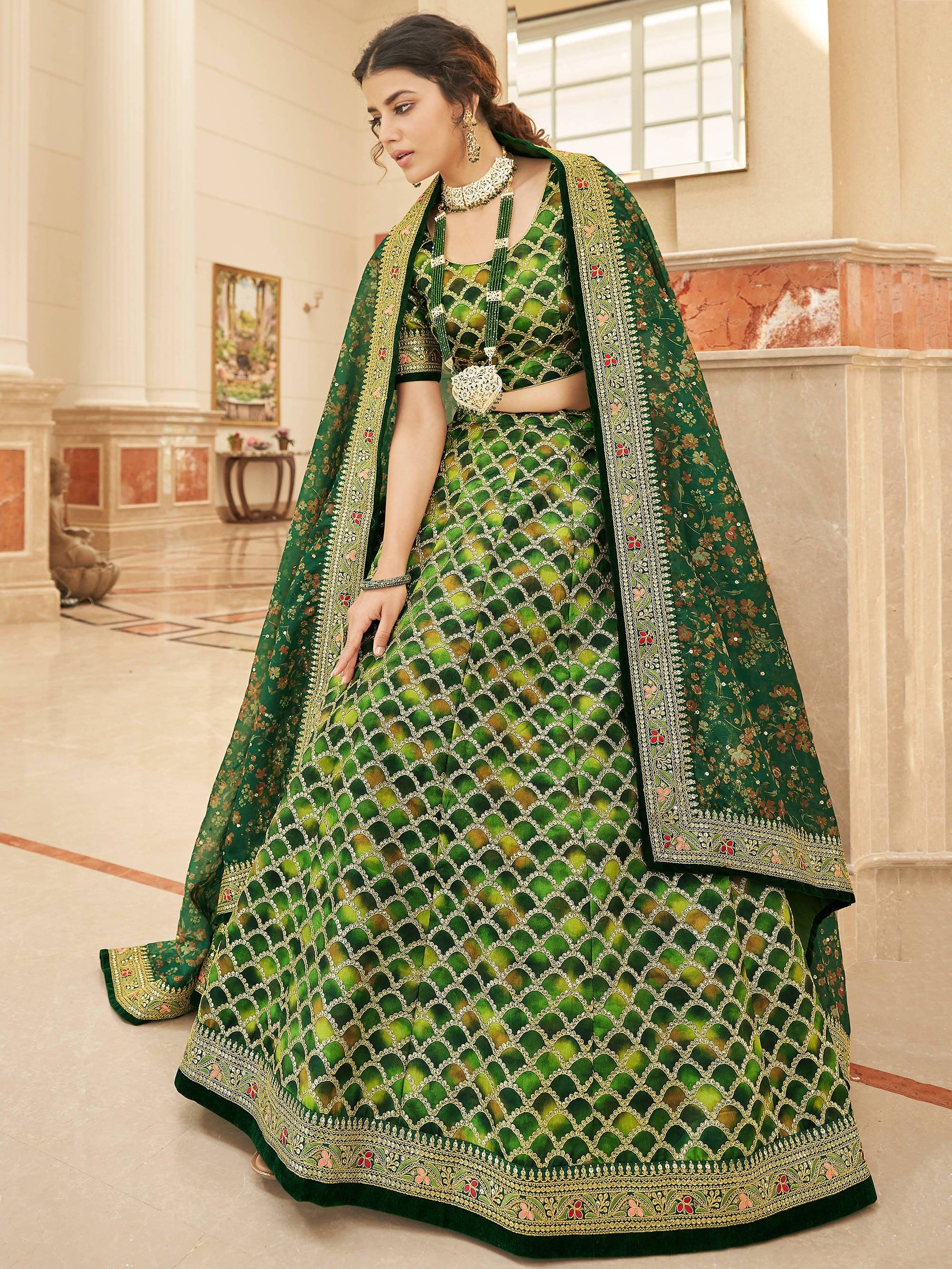 Green Embroidered Art Silk Engagement Lehenga Choli for Women