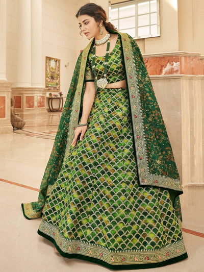 Green Embroidered Art Silk Engagement Lehenga Choli for Women