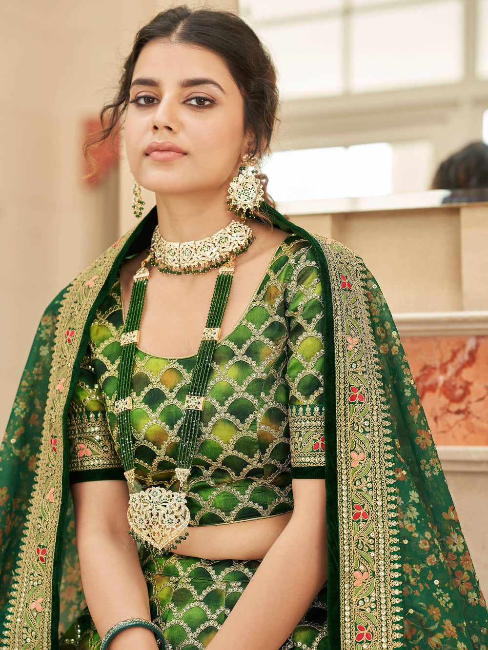 Green Embroidered Art Silk Engagement Lehenga Choli for Women