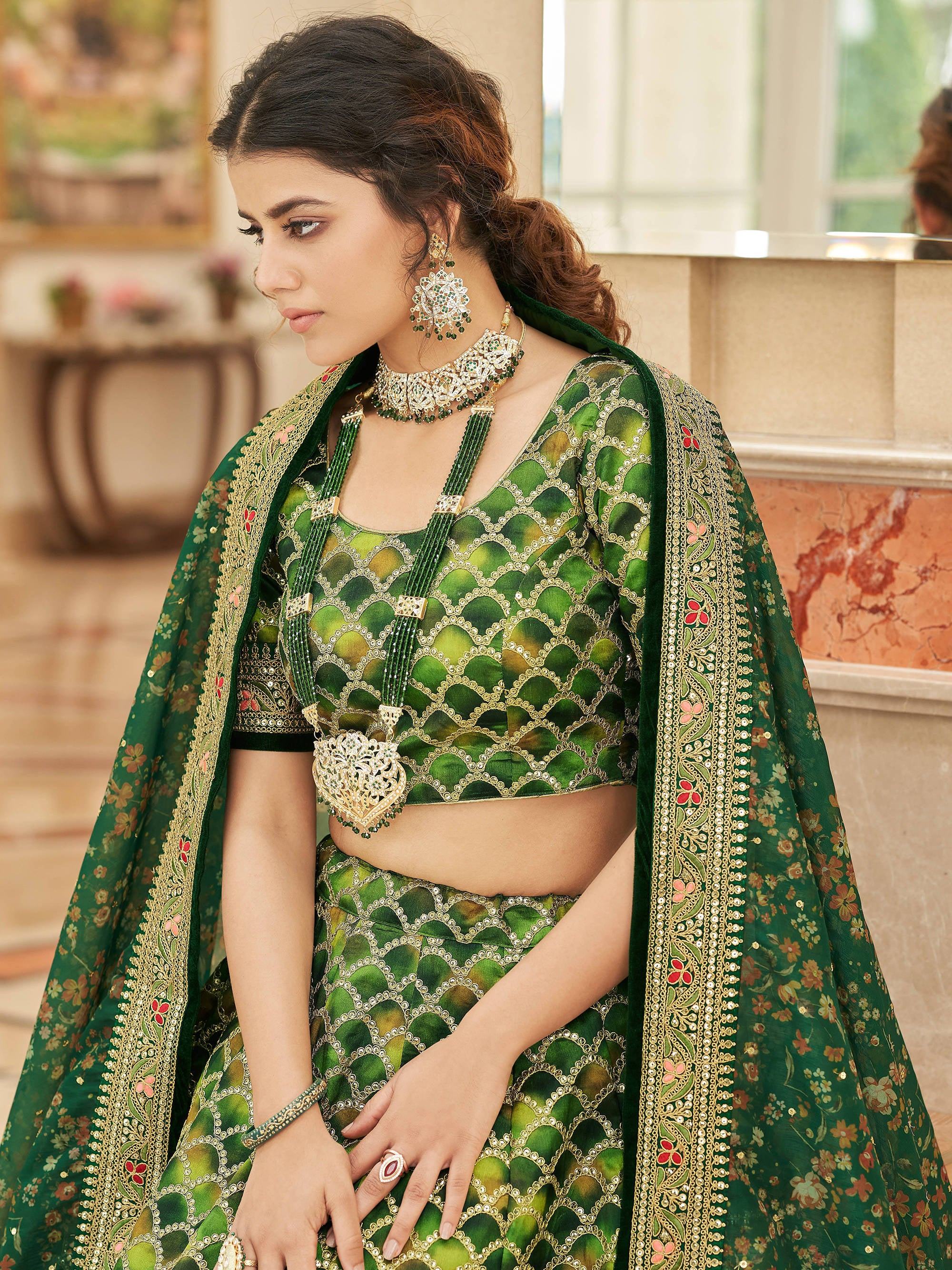 Green Embroidered Art Silk Engagement Lehenga Choli for Women