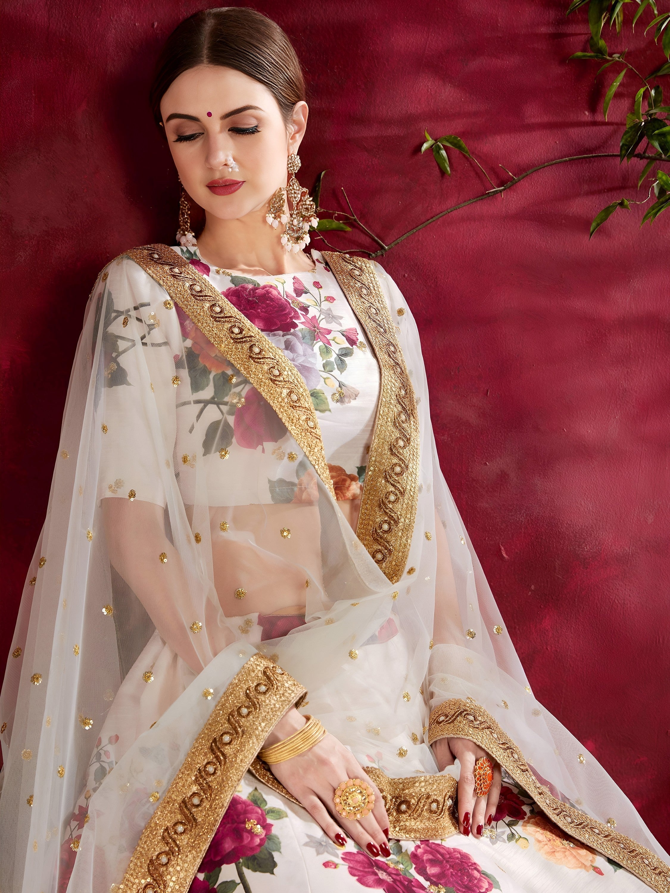 Off-White Floral Print Banglori Silk Bridal Lehenga Choli with Dupatta